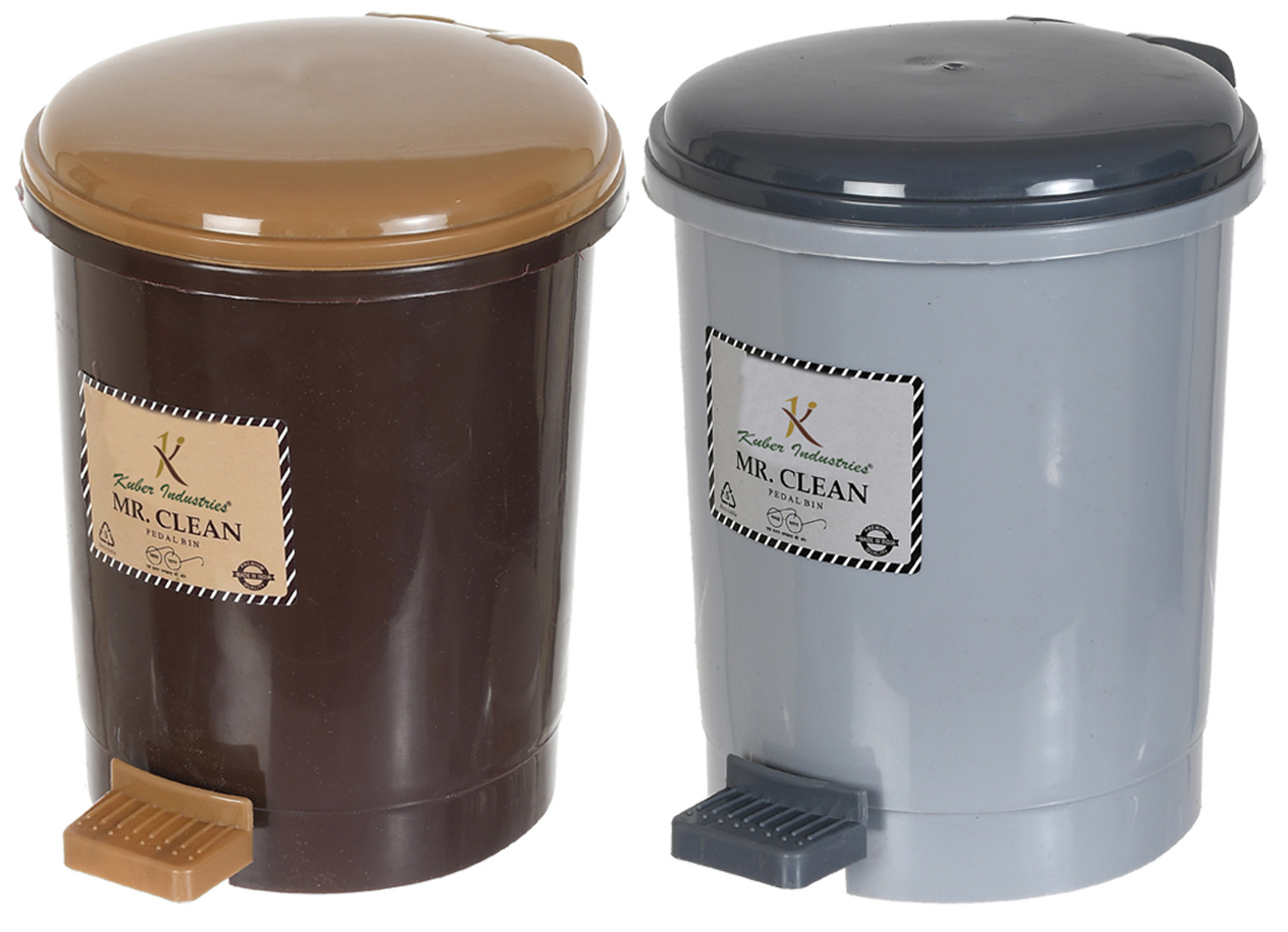 Kuber Industries Tiny Countertop Trash Bin, Mini Desktop Garbage Bin with Padal (Brown & Grey)-Pack of 2