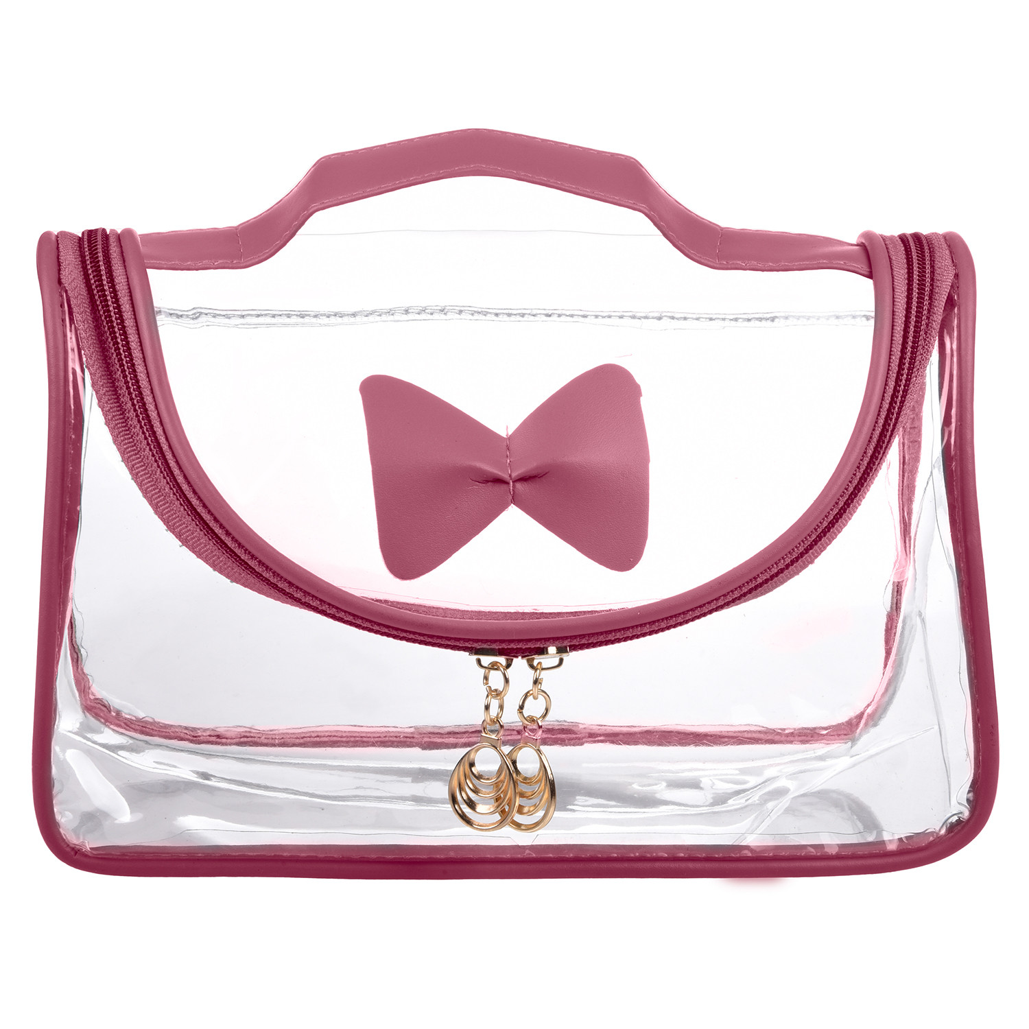 Kuber Industries Toiletry Kit|PVC Bow Design U Shape Chain Makeup Pouch for Woman|Transparent Waterproof Cosmetic Organizor with 30 mm Handle (Peach)