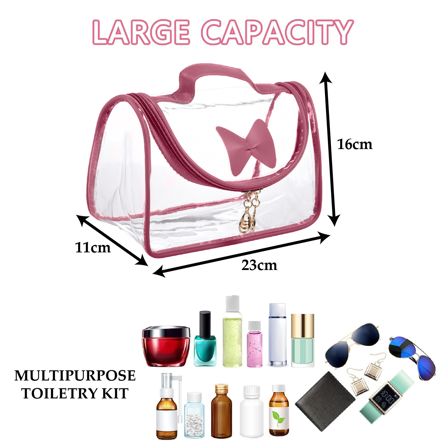 Kuber Industries Toiletry Kit|PVC Bow Design U Shape Chain Makeup Pouch for Woman|Transparent Waterproof Cosmetic Organizor with 30 mm Handle (Peach)