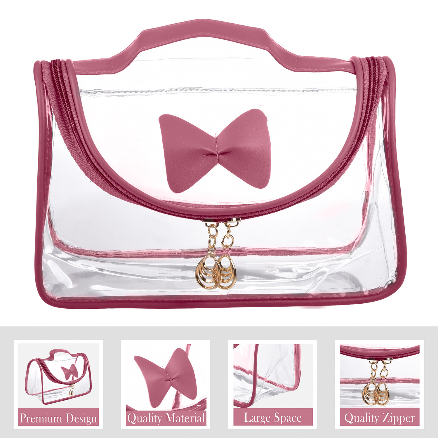 Kuber Industries Toiletry Kit|PVC Bow Design U Shape Chain Makeup Pouch for Woman|Transparent Waterproof Cosmetic Organizor with 30 mm Handle (Peach)