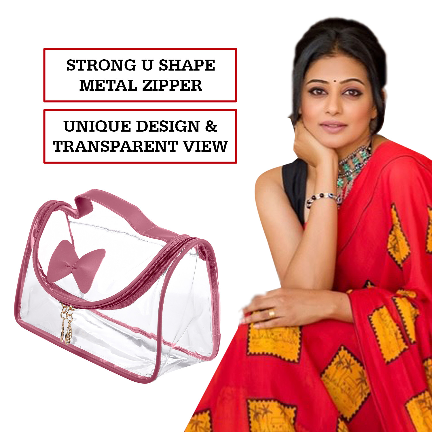 Kuber Industries Toiletry Kit|PVC Bow Design U Shape Chain Makeup Pouch for Woman|Transparent Waterproof Cosmetic Organizor with 30 mm Handle (Peach)