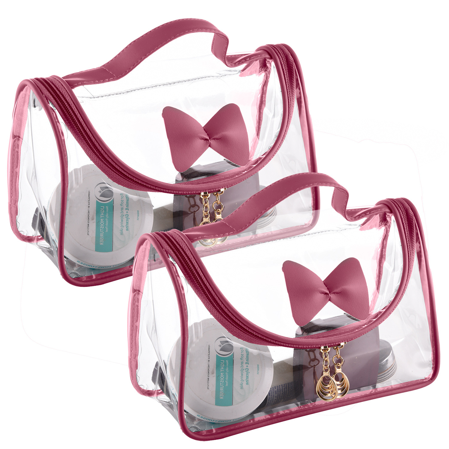 Kuber Industries Toiletry Kit|PVC Bow Design U Shape Chain Makeup Pouch for Woman|Transparent Waterproof Cosmetic Organizor with 30 mm Handle (Peach)