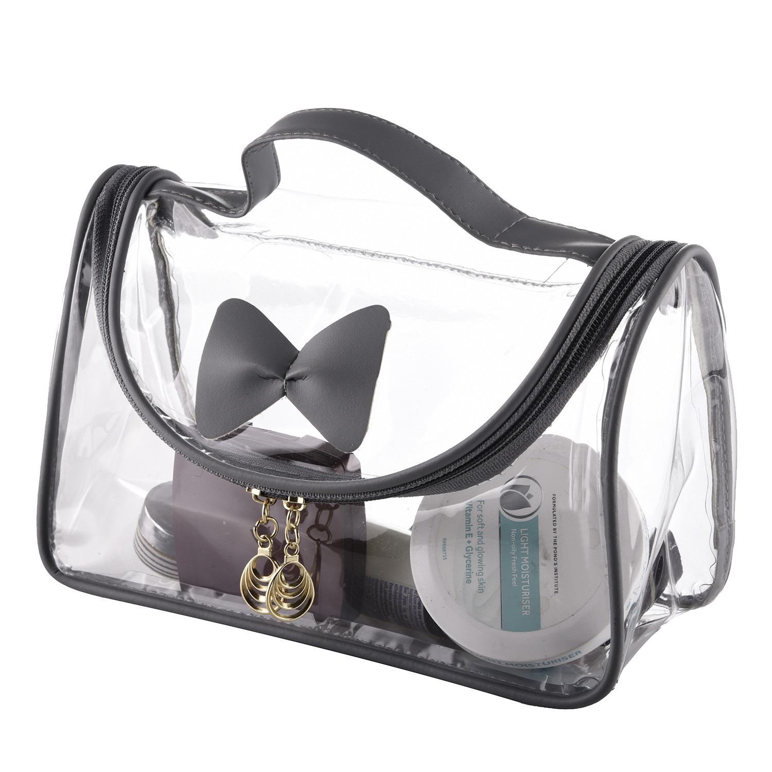 Kuber Industries Toiletry Kit|PVC Bow Design U Shape Chain Makeup Pouch for Woman|Transparent Waterproof Cosmetic Organizor with 30 mm Handle (Gray)