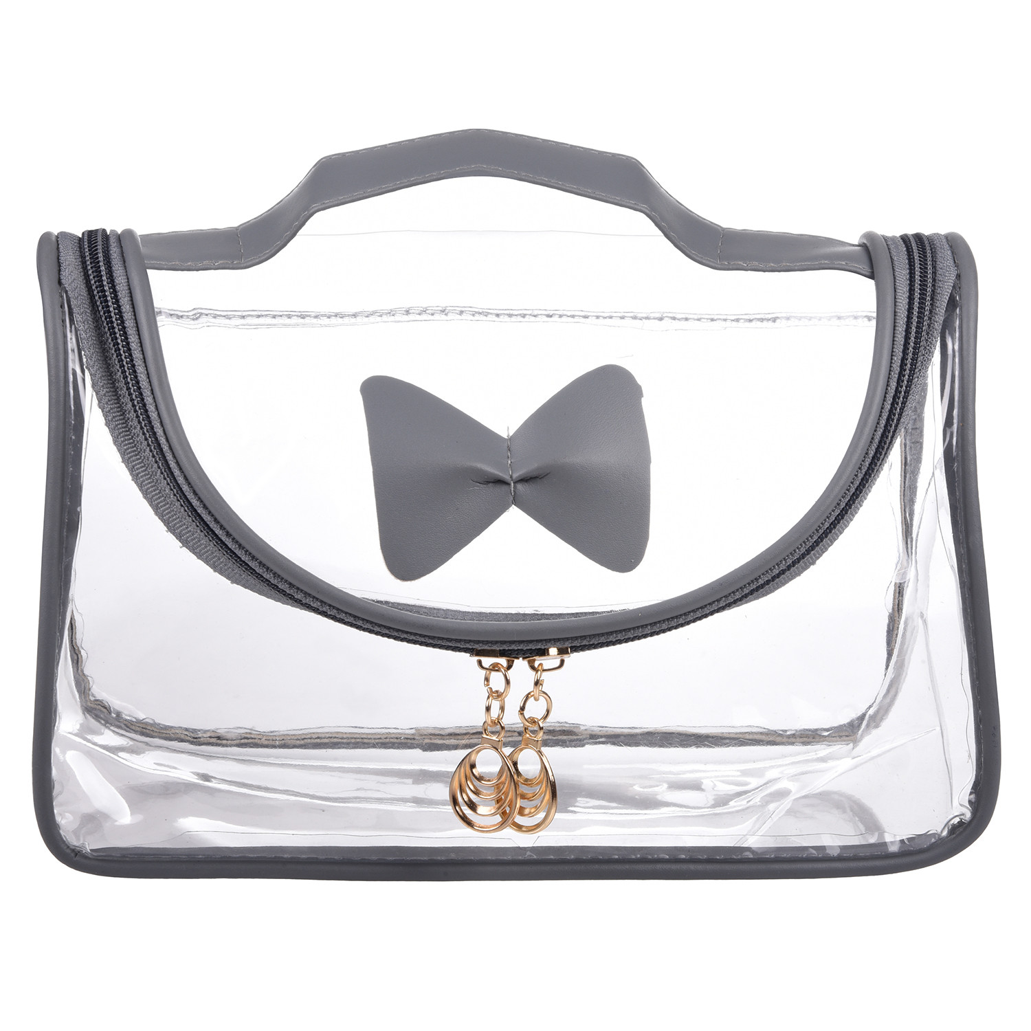 Kuber Industries Toiletry Kit|PVC Bow Design U Shape Chain Makeup Pouch for Woman|Transparent Waterproof Cosmetic Organizor with 30 mm Handle (Gray)