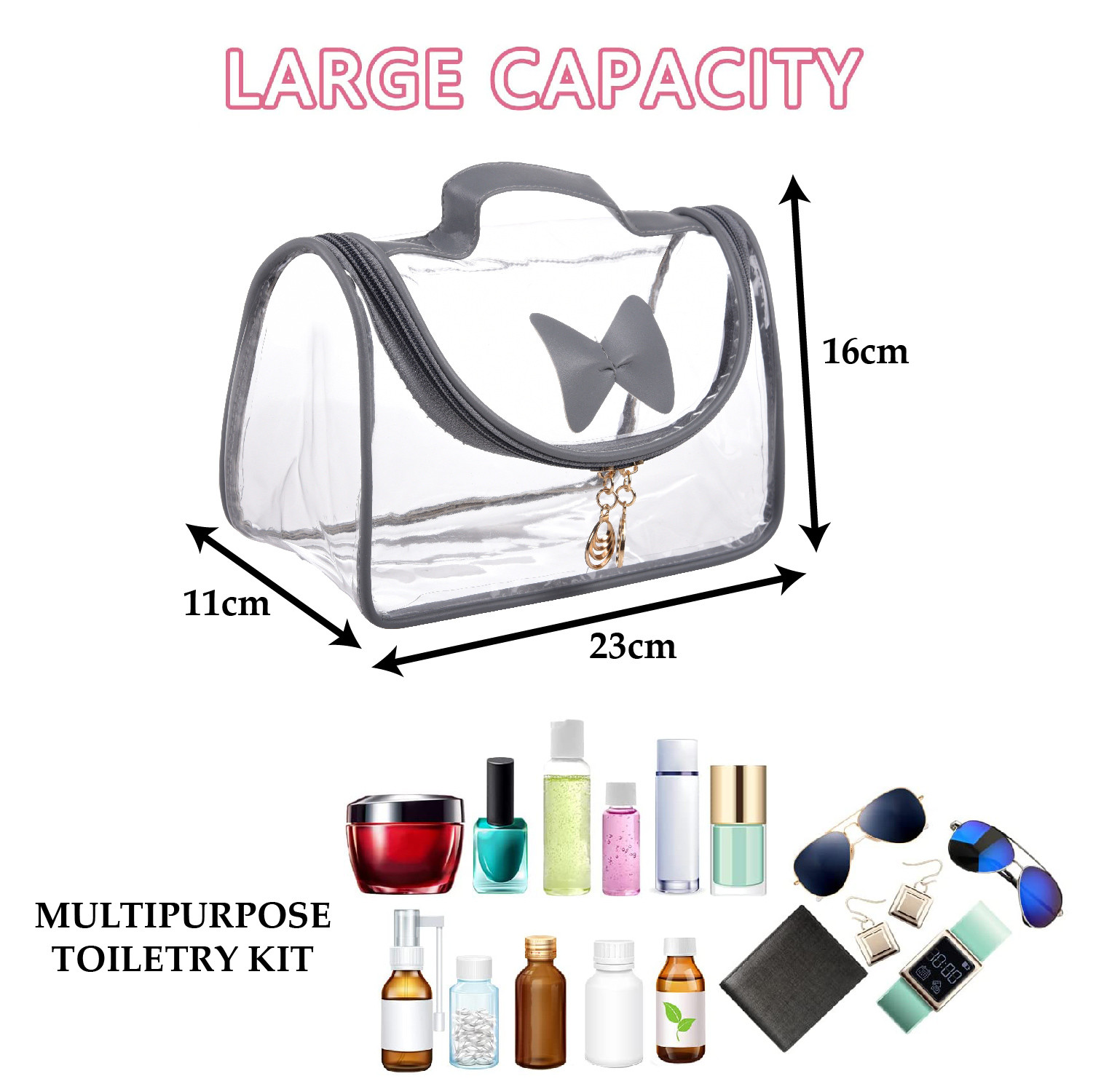 Kuber Industries Toiletry Kit|PVC Bow Design U Shape Chain Makeup Pouch for Woman|Transparent Waterproof Cosmetic Organizor with 30 mm Handle (Gray)