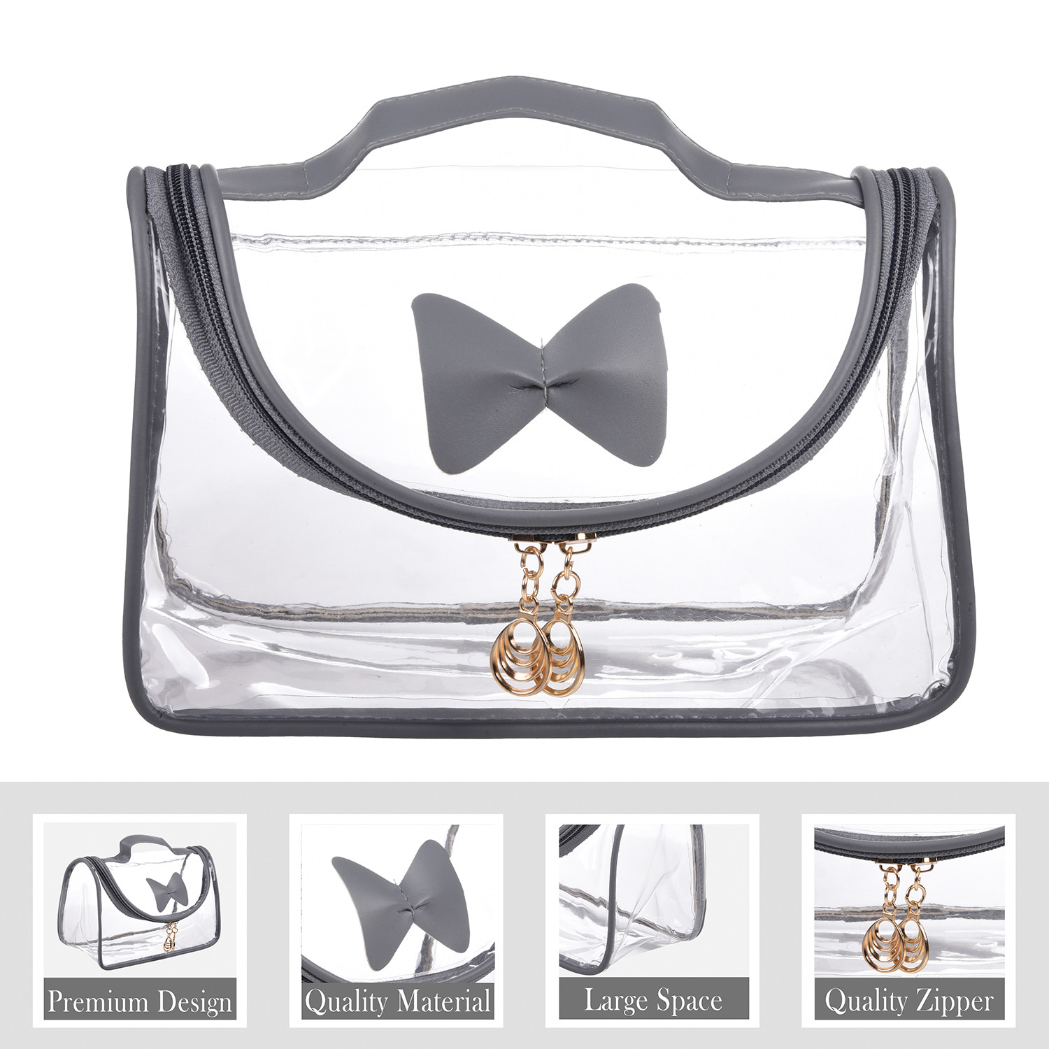 Kuber Industries Toiletry Kit|PVC Bow Design U Shape Chain Makeup Pouch for Woman|Transparent Waterproof Cosmetic Organizor with 30 mm Handle (Gray)