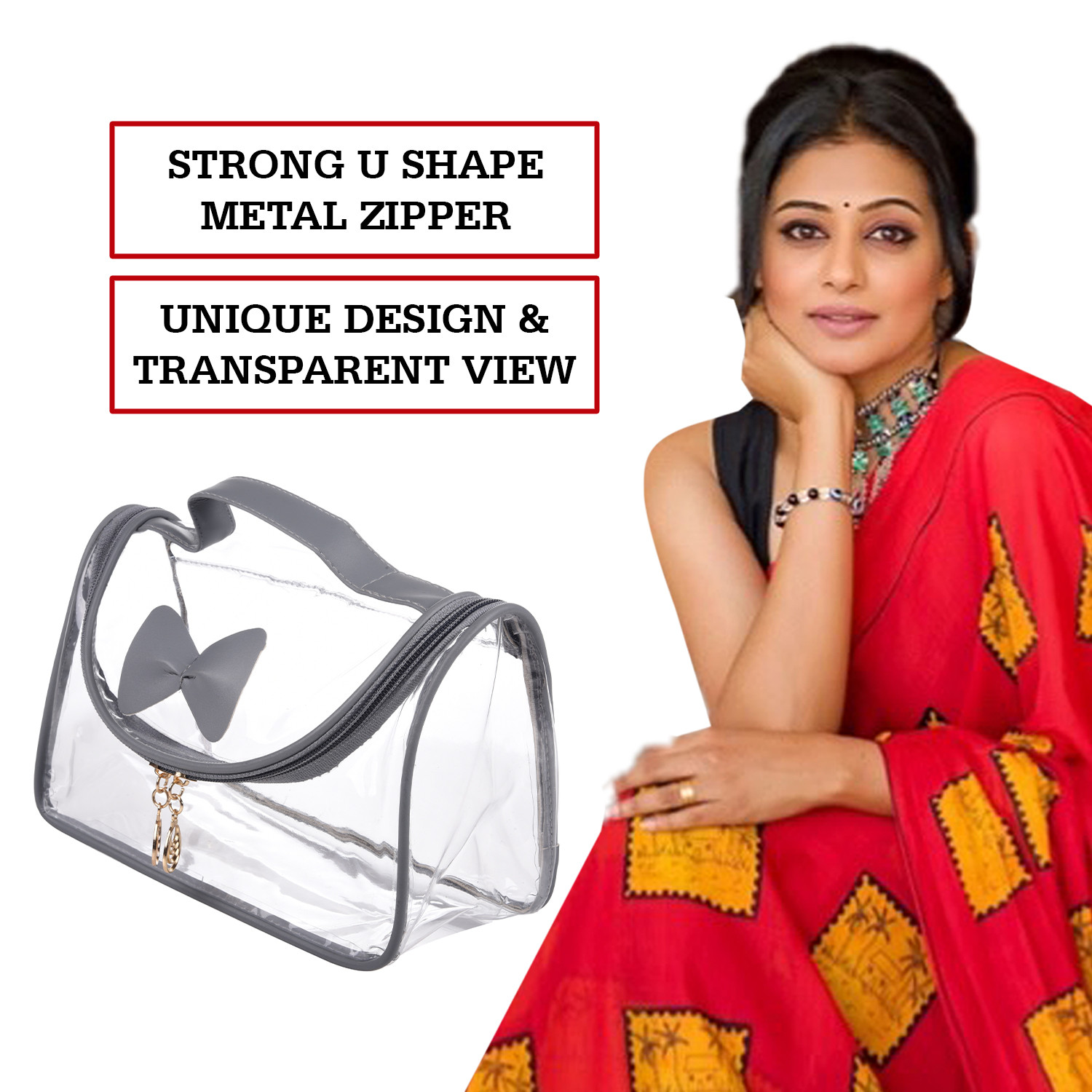 Kuber Industries Toiletry Kit|PVC Bow Design U Shape Chain Makeup Pouch for Woman|Transparent Waterproof Cosmetic Organizor with 30 mm Handle (Gray)
