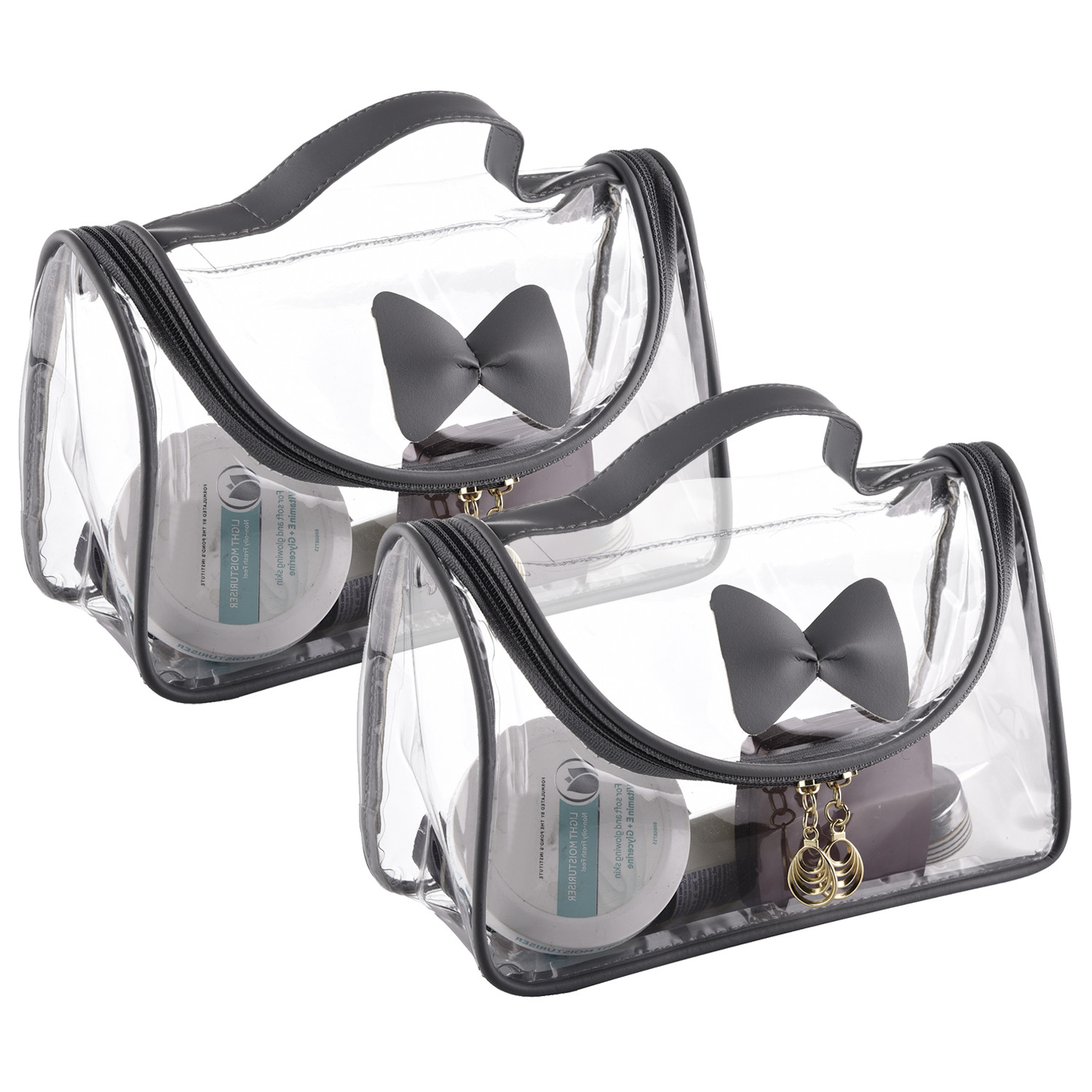 Kuber Industries Toiletry Kit|PVC Bow Design U Shape Chain Makeup Pouch for Woman|Transparent Waterproof Cosmetic Organizor with 30 mm Handle (Gray)