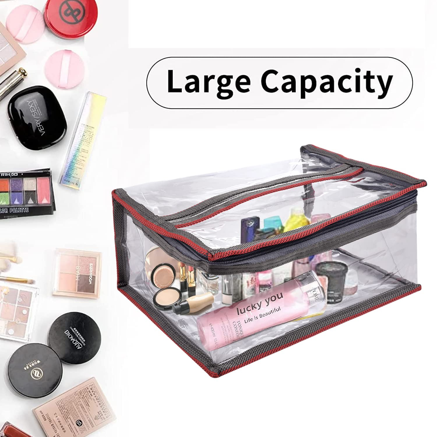 Kuber Industries Toiletry kit|PVC Laminated Travel Cosmetic kit|Transparent Matty Border Makeup kit with Handle|Set of 3 (Gray)