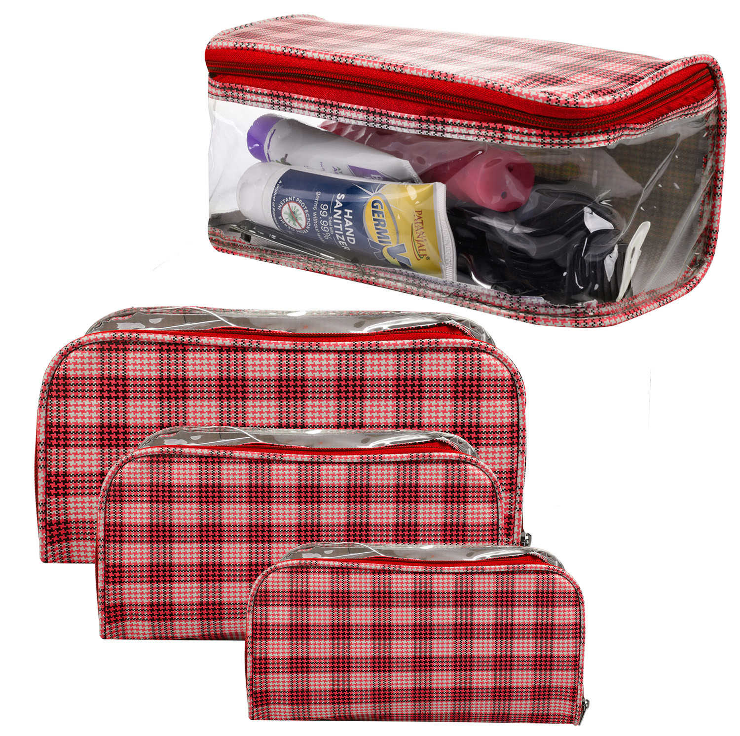 Kuber Industries Toiletry Organizer|4 Piece Vanity & Cosmetic Pouch Set|PVC Check Print Transparent Travel Organizer with Handle for Men & Women (Red)