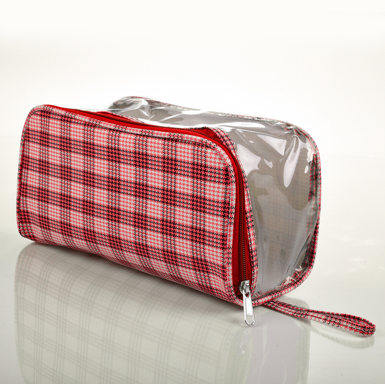 Kuber Industries Toiletry Organizer|4 Piece Vanity & Cosmetic Pouch Set|PVC Check Print Transparent Travel Organizer with Handle for Men & Women (Red)