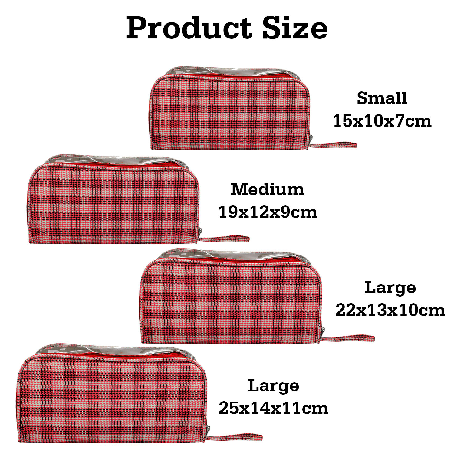 Kuber Industries Toiletry Organizer|4 Piece Vanity & Cosmetic Pouch Set|PVC Check Print Transparent Travel Organizer with Handle for Men & Women (Red)
