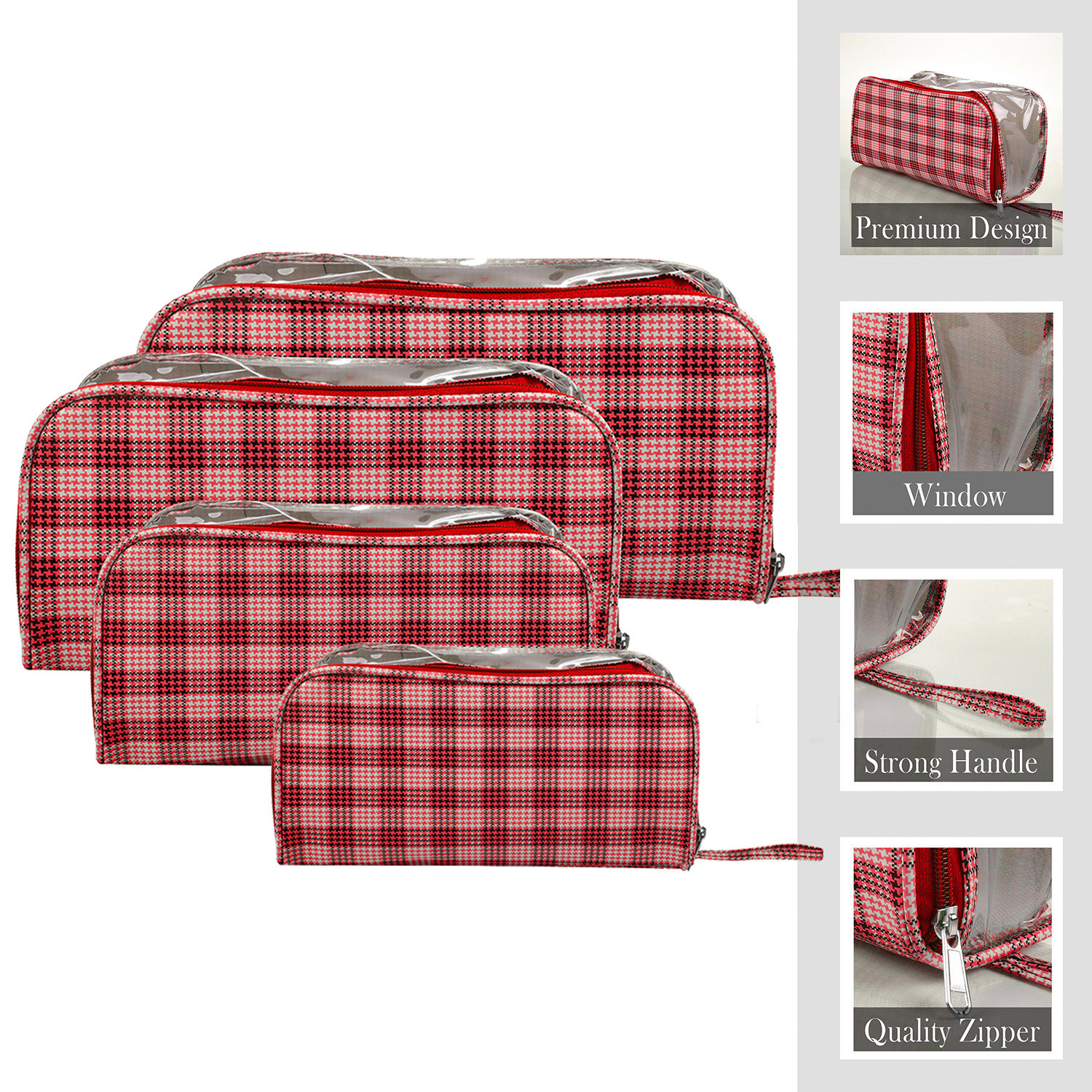 Kuber Industries Toiletry Organizer|4 Piece Vanity & Cosmetic Pouch Set|PVC Check Print Transparent Travel Organizer with Handle for Men & Women (Red)