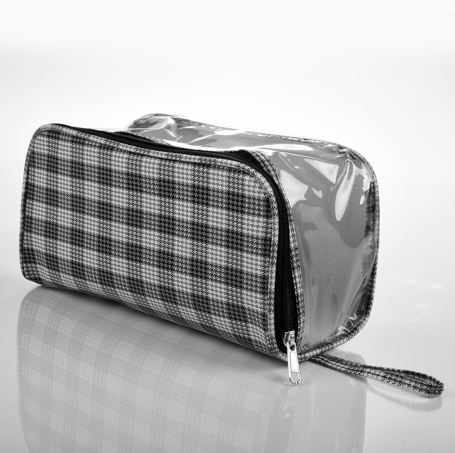 Kuber Industries Toiletry Organizer|4 Piece Vanity & Cosmetic Pouch Set|PVC Check Print Transparent Travel Organizer with Handle for Men & Women (Gray)