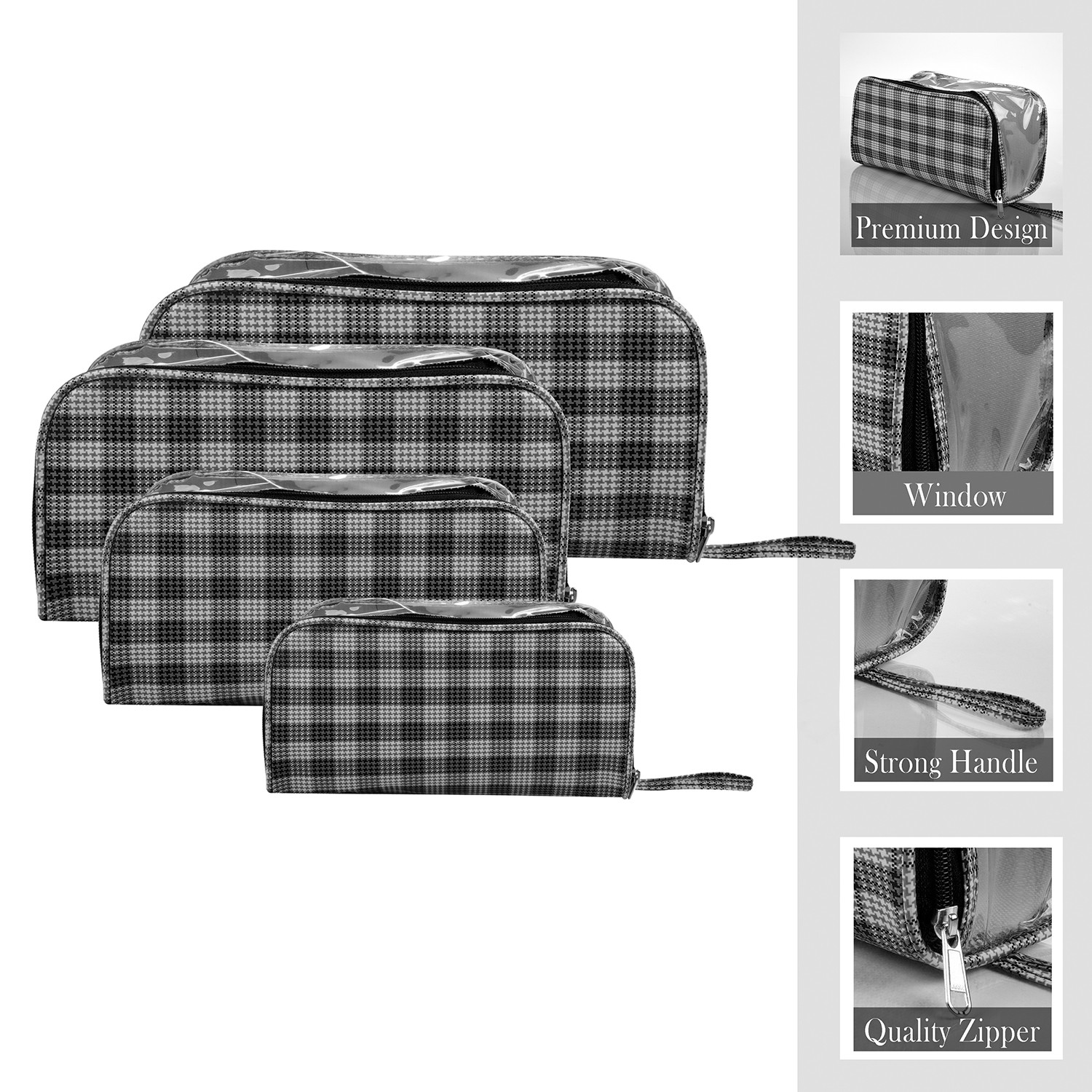 Kuber Industries Toiletry Organizer|4 Piece Vanity & Cosmetic Pouch Set|PVC Check Print Transparent Travel Organizer with Handle for Men & Women (Gray)