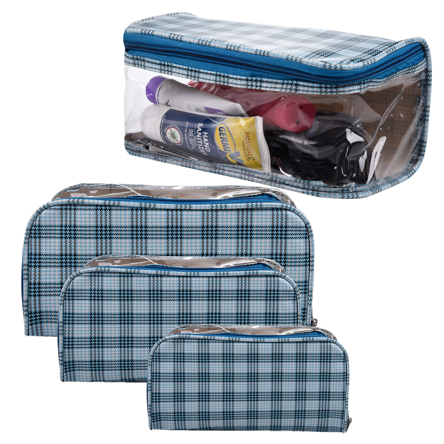 Kuber Industries Toiletry Organizer|4 Piece Vanity & Cosmetic Pouch Set|PVC Check Print Transparent Travel Organizer with Handle for Men & Women (Turquoise)