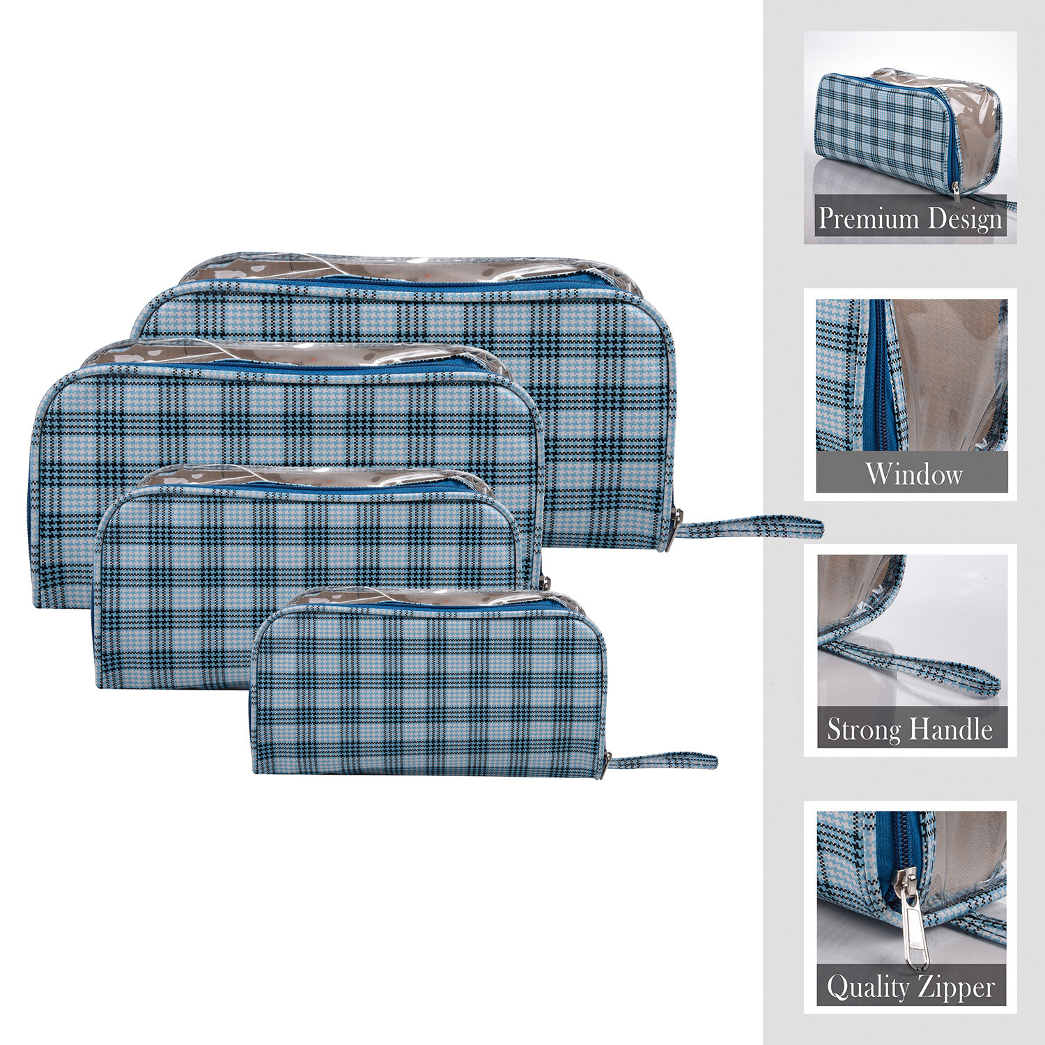 Kuber Industries Toiletry Organizer|4 Piece Vanity & Cosmetic Pouch Set|PVC Check Print Transparent Travel Organizer with Handle for Men & Women (Turquoise)