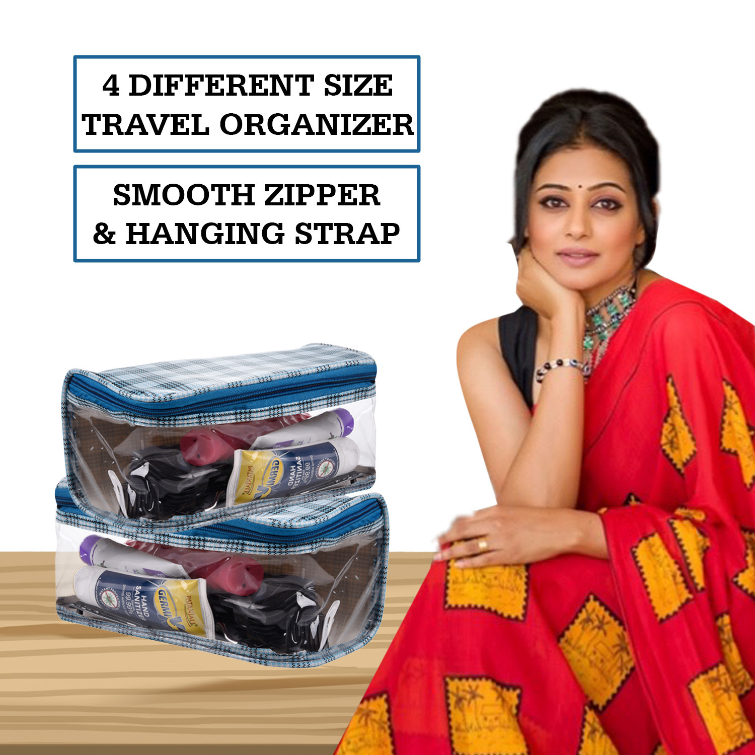 Kuber Industries Toiletry Organizer|4 Piece Vanity & Cosmetic Pouch Set|PVC Check Print Transparent Travel Organizer with Handle for Men & Women (Turquoise)
