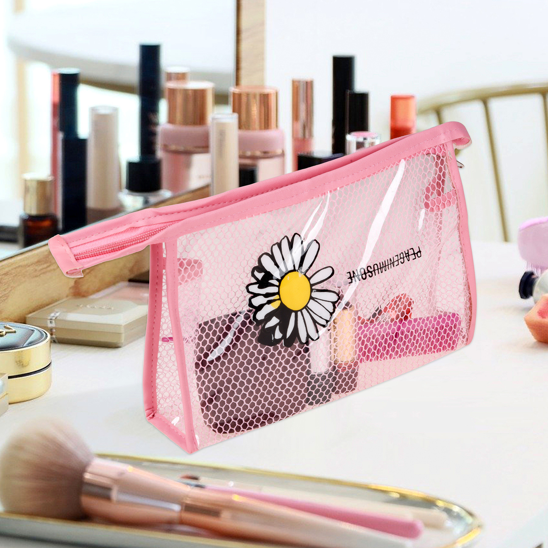 Kuber Industries Toiletry Pouch  Cosmetic Makeup Pouch  Vanity Pouch for Woman  Makeup Accessories Pouch  Transparent Net Pouch  Sunflower-Cosmetic Pouch  Pink