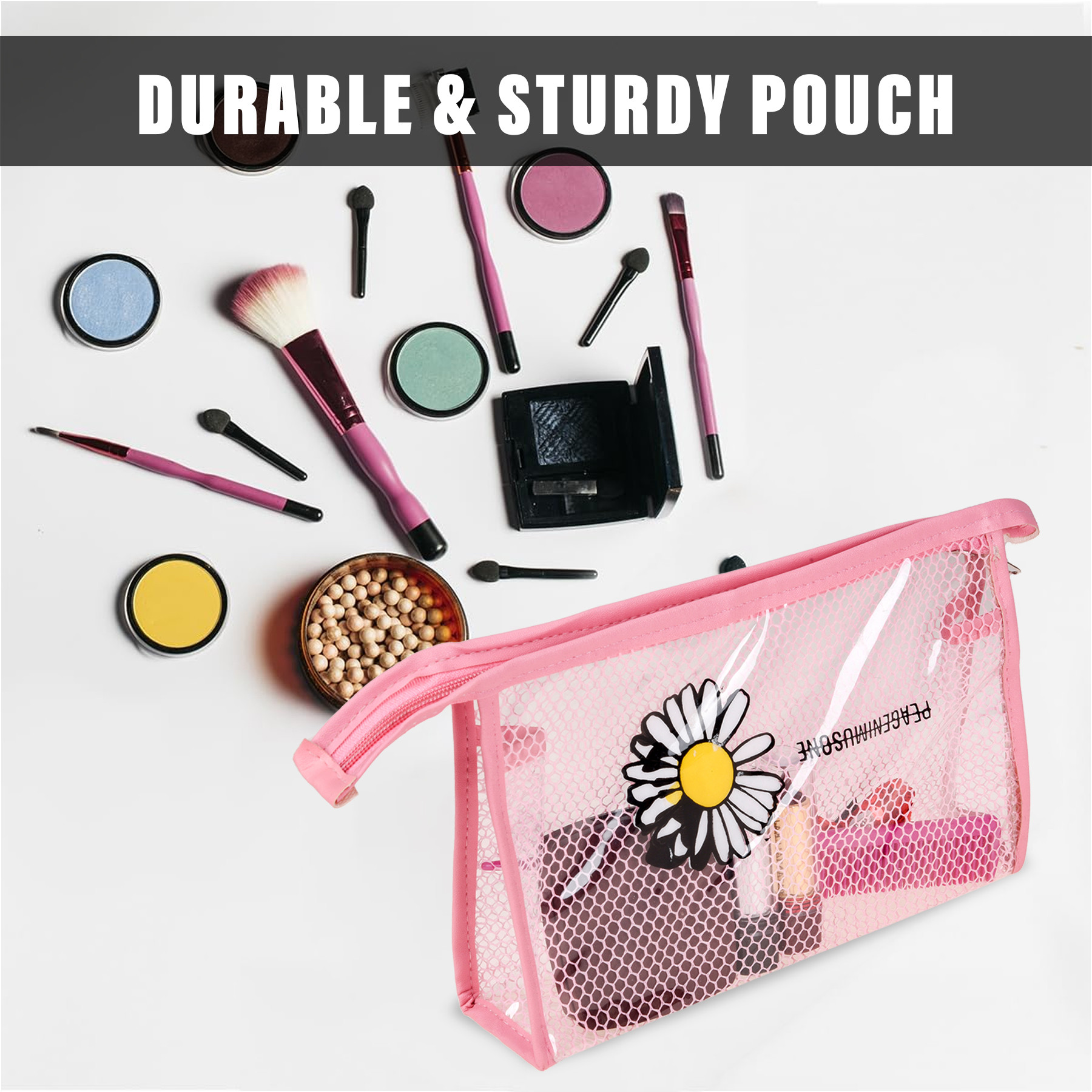 Kuber Industries Toiletry Pouch  Cosmetic Makeup Pouch  Vanity Pouch for Woman  Makeup Accessories Pouch  Transparent Net Pouch  Sunflower-Cosmetic Pouch  Pink