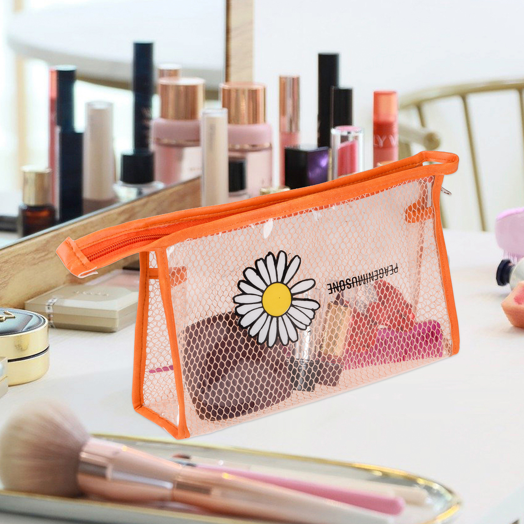 Kuber Industries Toiletry Pouch  Cosmetic Makeup Pouch  Vanity Pouch for Woman  Makeup Accessories Pouch  Transparent Net Pouch  Sunflower-Cosmetic Pouch  Orange