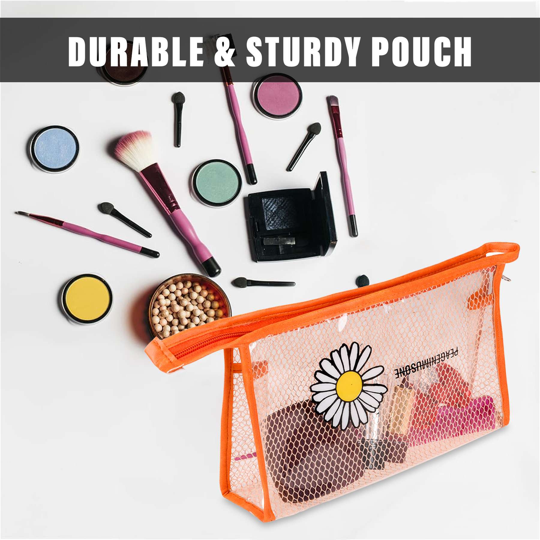 Kuber Industries Toiletry Pouch  Cosmetic Makeup Pouch  Vanity Pouch for Woman  Makeup Accessories Pouch  Transparent Net Pouch  Sunflower-Cosmetic Pouch  Orange