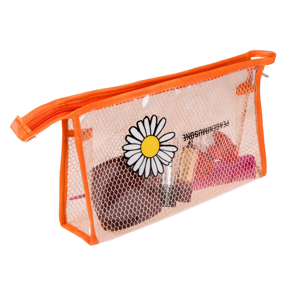 Kuber Industries Toiletry Pouch | Cosmetic Makeup Pouch | Vanity Pouch for Woman | Makeup Accessories Pouch | Transparent Net Pouch | Sunflower-Cosmetic Pouch | Orange