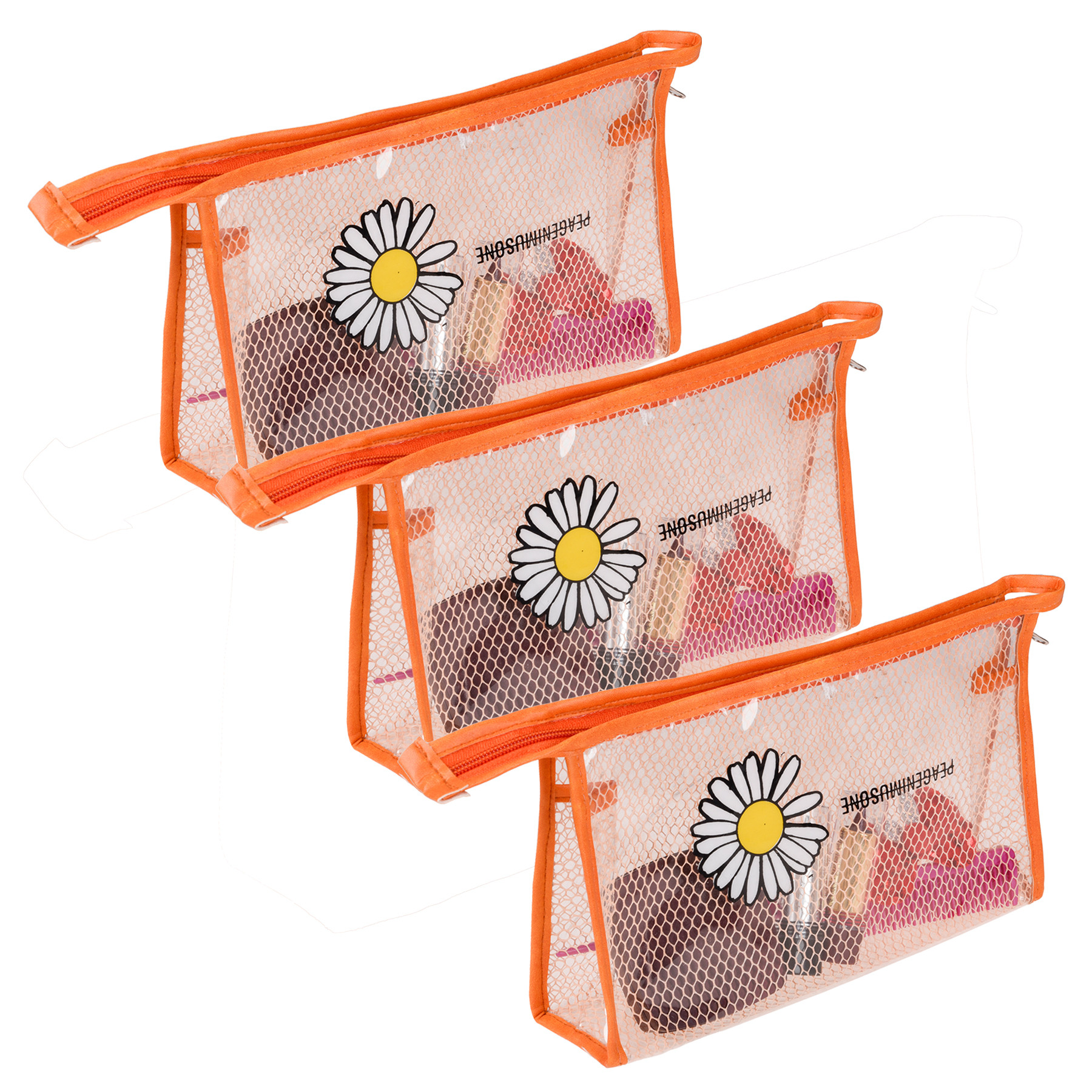 Kuber Industries Toiletry Pouch | Cosmetic Makeup Pouch | Vanity Pouch for Woman | Makeup Accessories Pouch | Transparent Net Pouch | Sunflower-Cosmetic Pouch | Orange