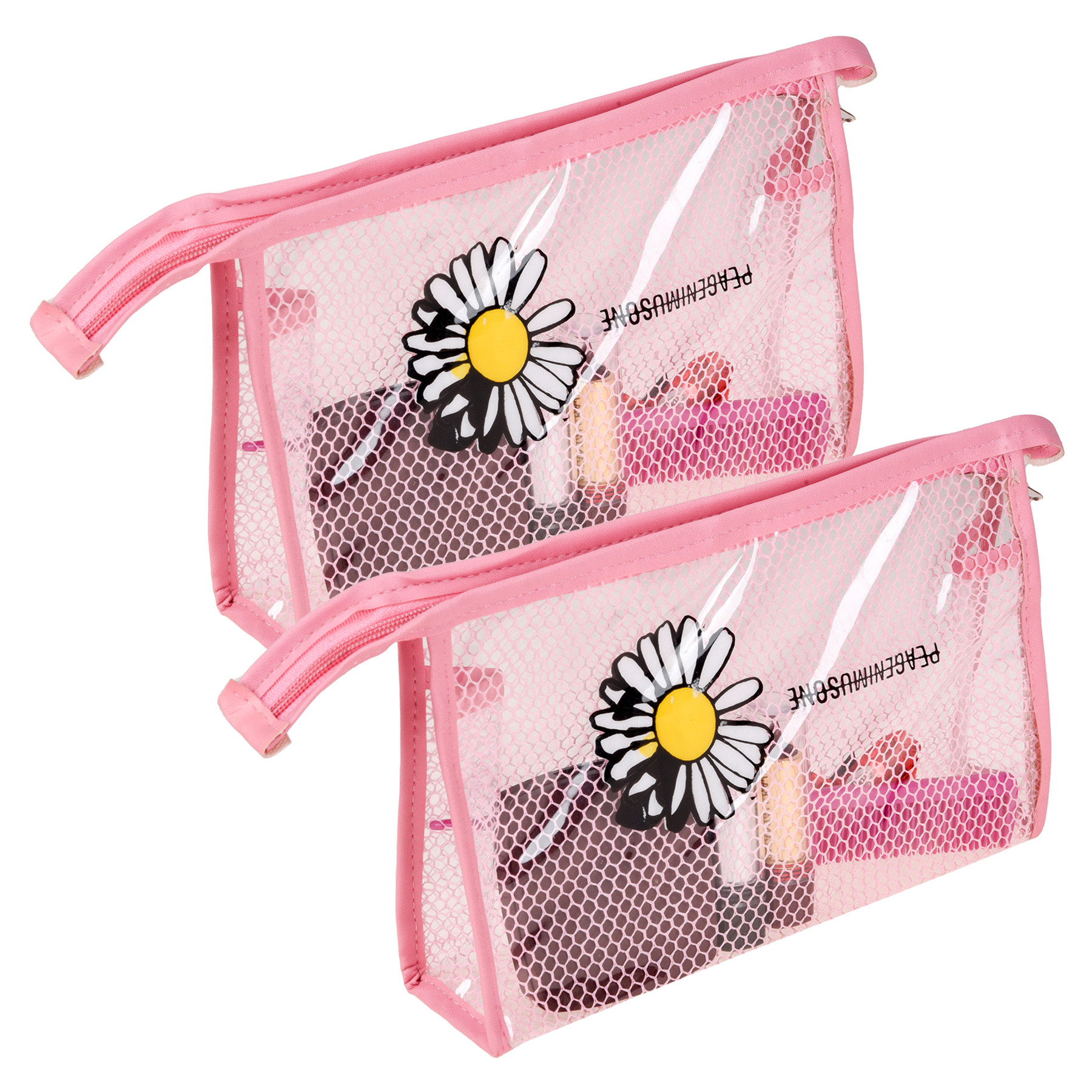 Kuber Industries Toiletry Pouch | Cosmetic Makeup Pouch | Vanity Pouch for Woman | Makeup Accessories Pouch | Transparent Net Pouch | Sunflower-Cosmetic Pouch | Pink