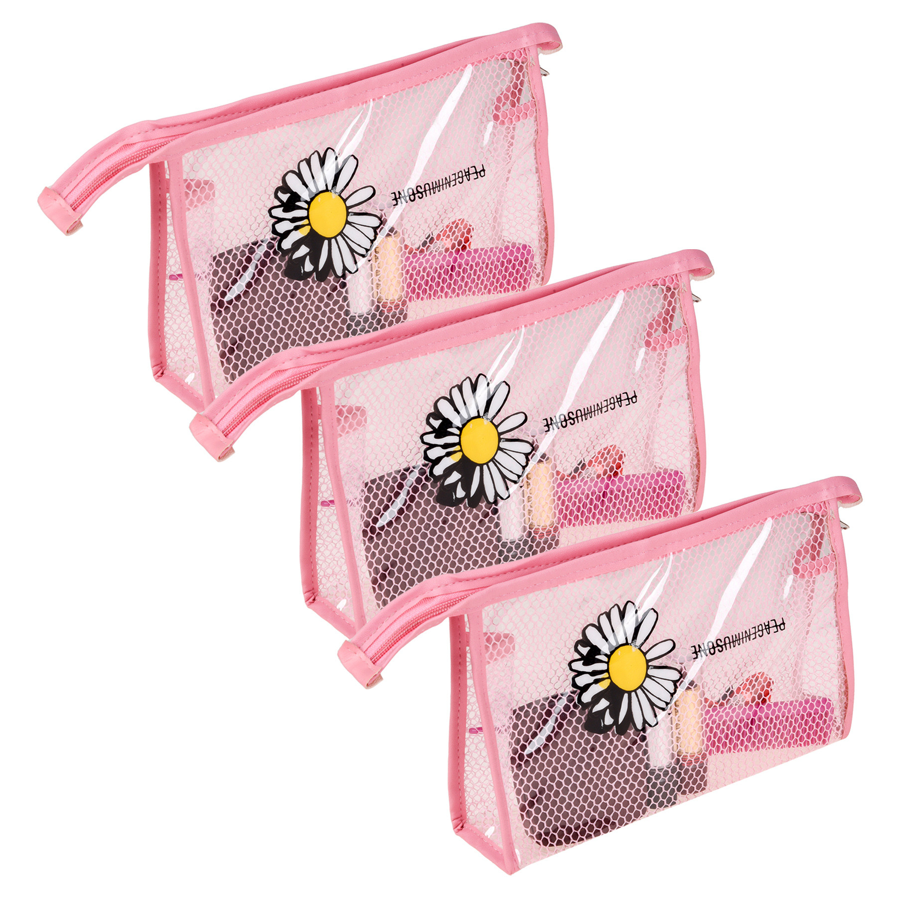 Kuber Industries Toiletry Pouch | Cosmetic Makeup Pouch | Vanity Pouch for Woman | Makeup Accessories Pouch | Transparent Net Pouch | Sunflower-Cosmetic Pouch | Pink