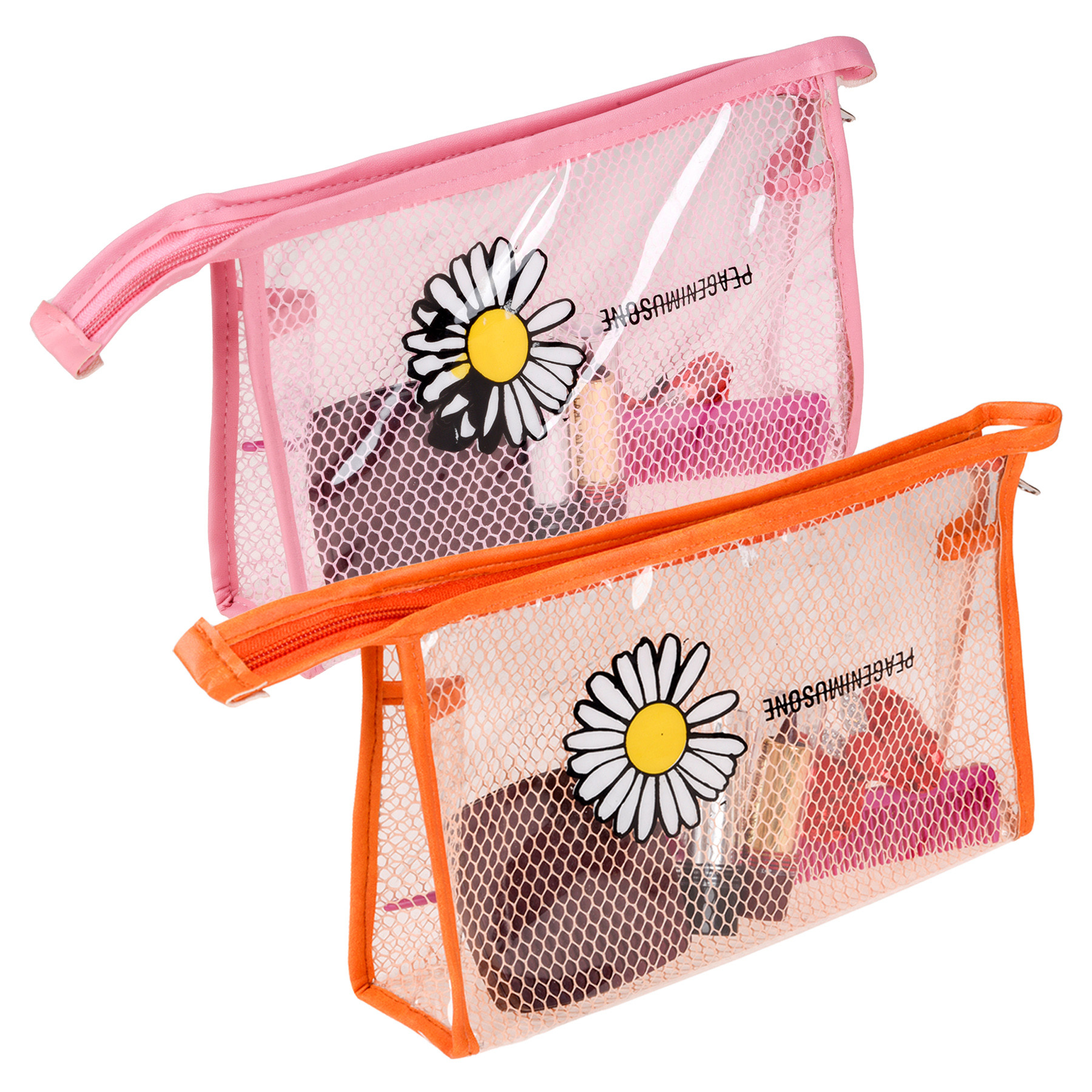 Kuber Industries Toiletry Pouch | Cosmetic Makeup Pouch | Vanity Pouch for Woman | Makeup Accessories Pouch | Transparent Net Pouch | Sunflower-Cosmetic Pouch | Pack of 2 | Multi
