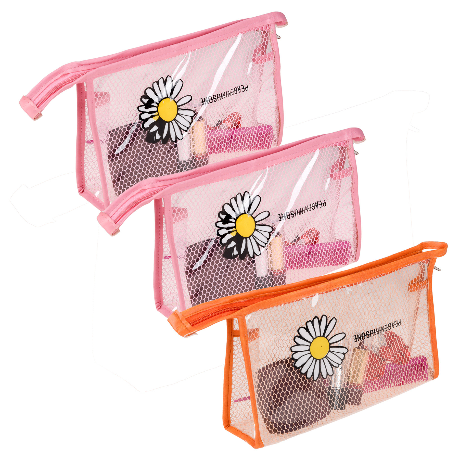 Kuber Industries Toiletry Pouch | Cosmetic Makeup Pouch | Vanity Pouch for Woman | Makeup Accessories Pouch | Transparent Net Pouch | Sunflower-Cosmetic Pouch | Pack of 3 | Multi