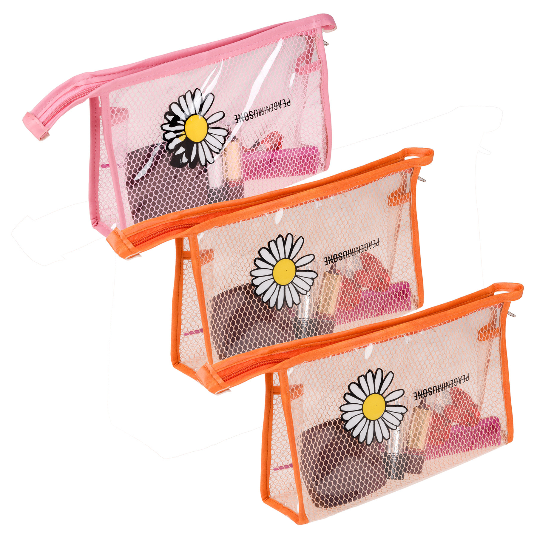 Kuber Industries Toiletry Pouch | Cosmetic Makeup Pouch | Vanity Pouch for Woman | Makeup Accessories Pouch | Transparent Net Pouch | Sunflower-Cosmetic Pouch | Pack of 3 | Multi