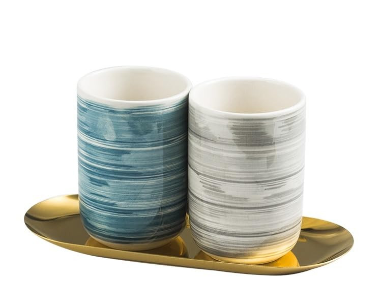 Kuber Industries Toothbrush Holder | Toothbrush Holder with Metal Tray | Counter Top Toothbrush Holder | Bathroom for Wash Basin | ZX072BG-2T | Pack of 2 | Blue & Gray