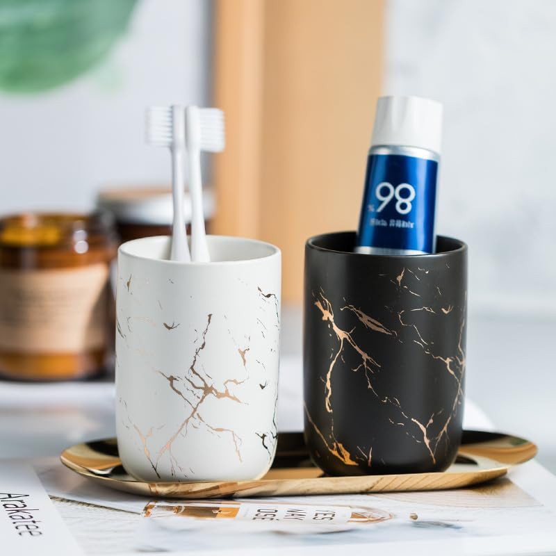 Kuber Industries Toothbrush Holder | Toothbrush Holder with Metal Tray | Counter Top Toothbrush Holder | Bathroom for Wash Basin | ZX011WB-2T | Pack of 2 | White & Black