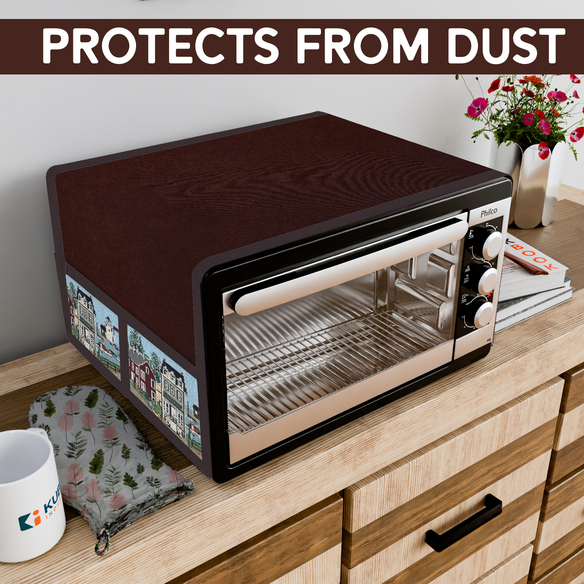 Kuber Industries Top Microwave Cover With 4 Storage Pockets  Otg Oven Accessories for Durable  Dustroof Kitchen Decor  Teddy Brown  Blue