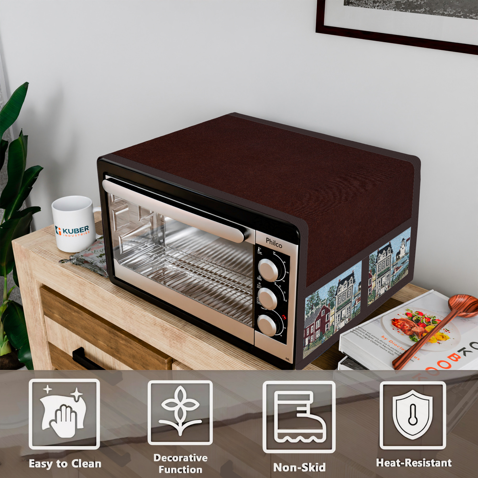 Kuber Industries Top Microwave Cover With 4 Storage Pockets  Otg Oven Accessories for Durable  Dustroof Kitchen Decor  Teddy Brown  Blue