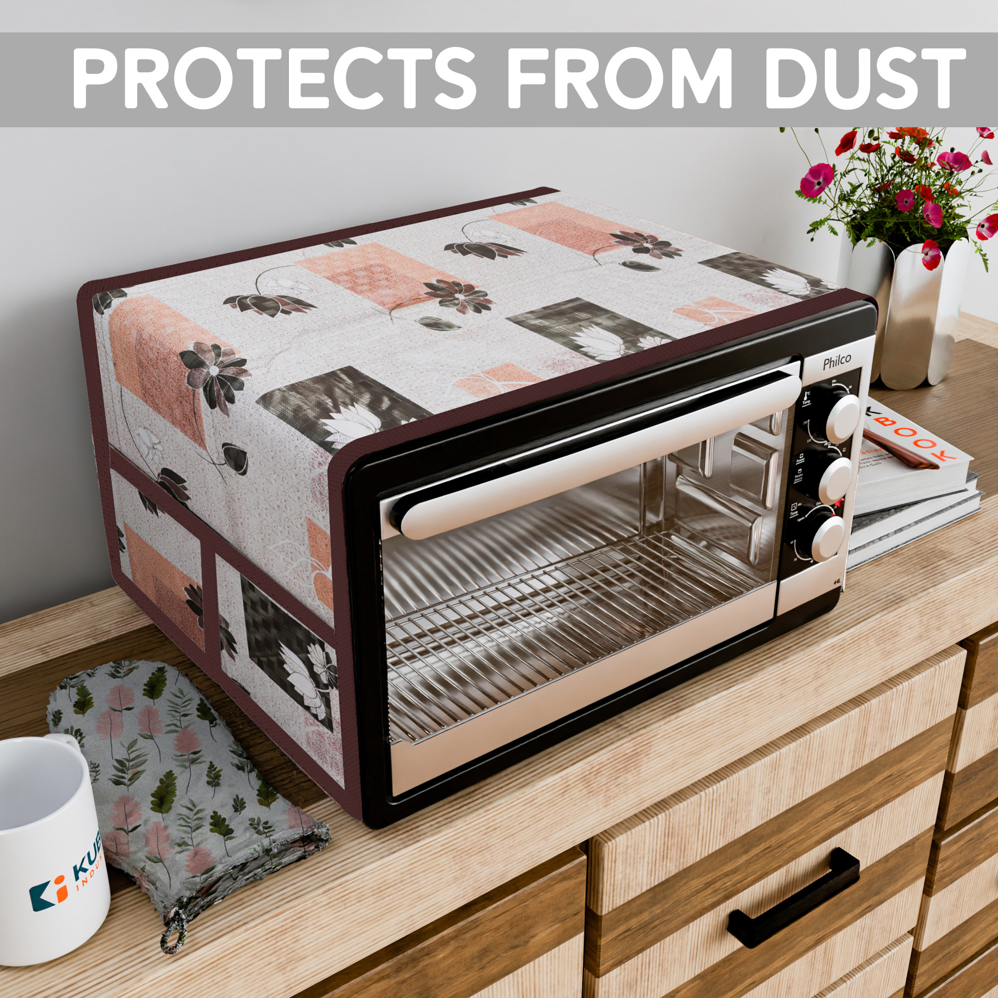 Kuber Industries Top Microwave Cover With 4 Storage Pockets  Otg Oven Accessories for Durable  Dustroof Kitchen Decor  Lotus Cream  Brown