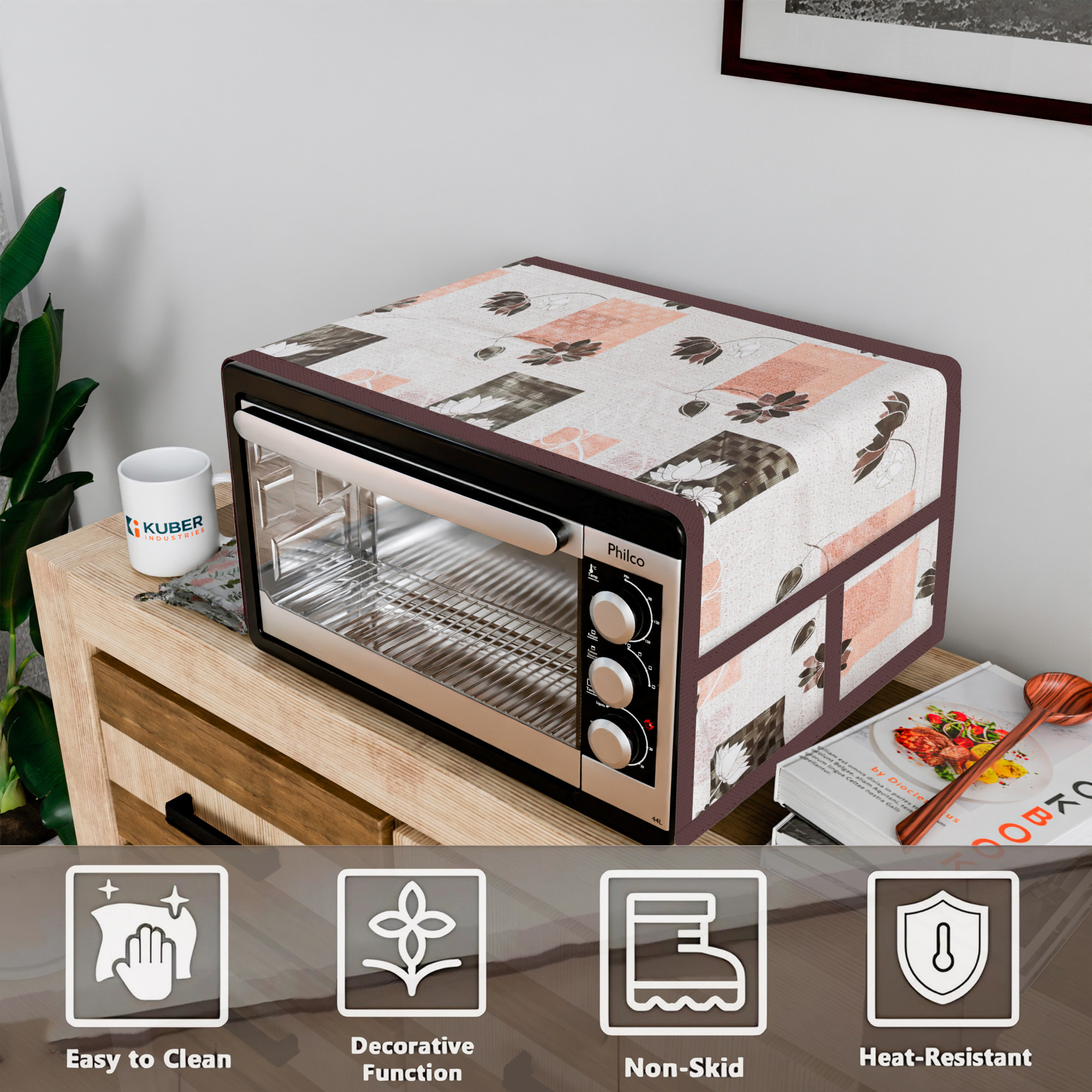 Kuber Industries Top Microwave Cover With 4 Storage Pockets  Otg Oven Accessories for Durable  Dustroof Kitchen Decor  Lotus Cream  Brown