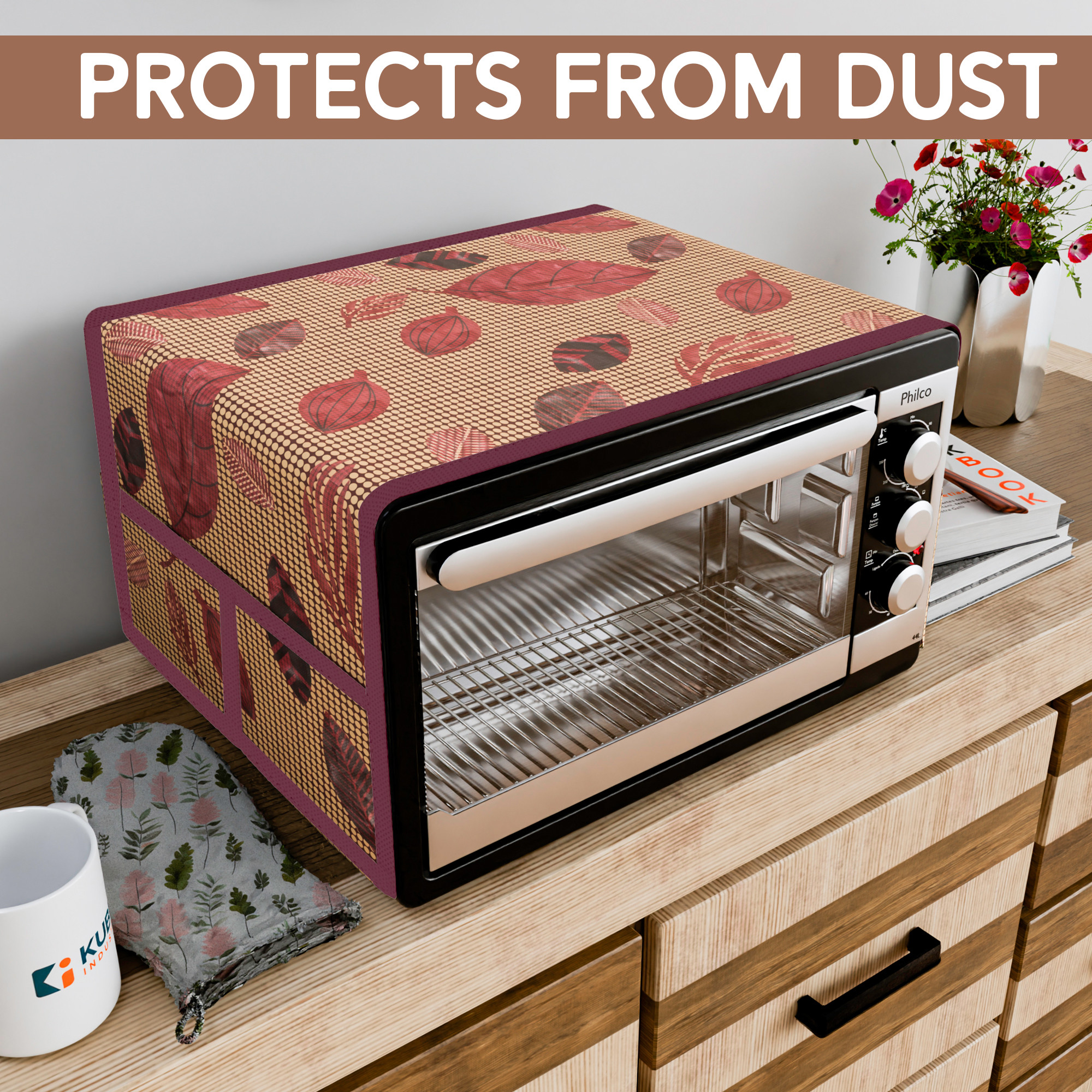 Kuber Industries Top Microwave Cover With 4 Storage Pockets  Otg Oven Accessories for Durable  Dustroof Kitchen Decor  Leaf Red  Black