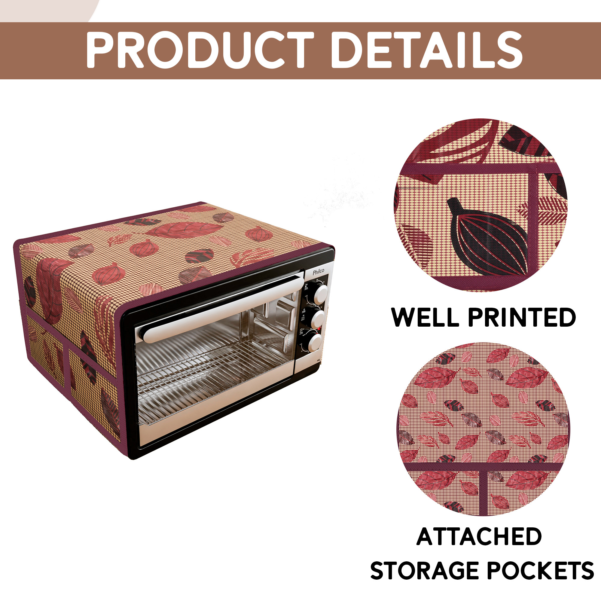 Kuber Industries Top Microwave Cover With 4 Storage Pockets  Otg Oven Accessories for Durable  Dustroof Kitchen Decor  Leaf Red  Black