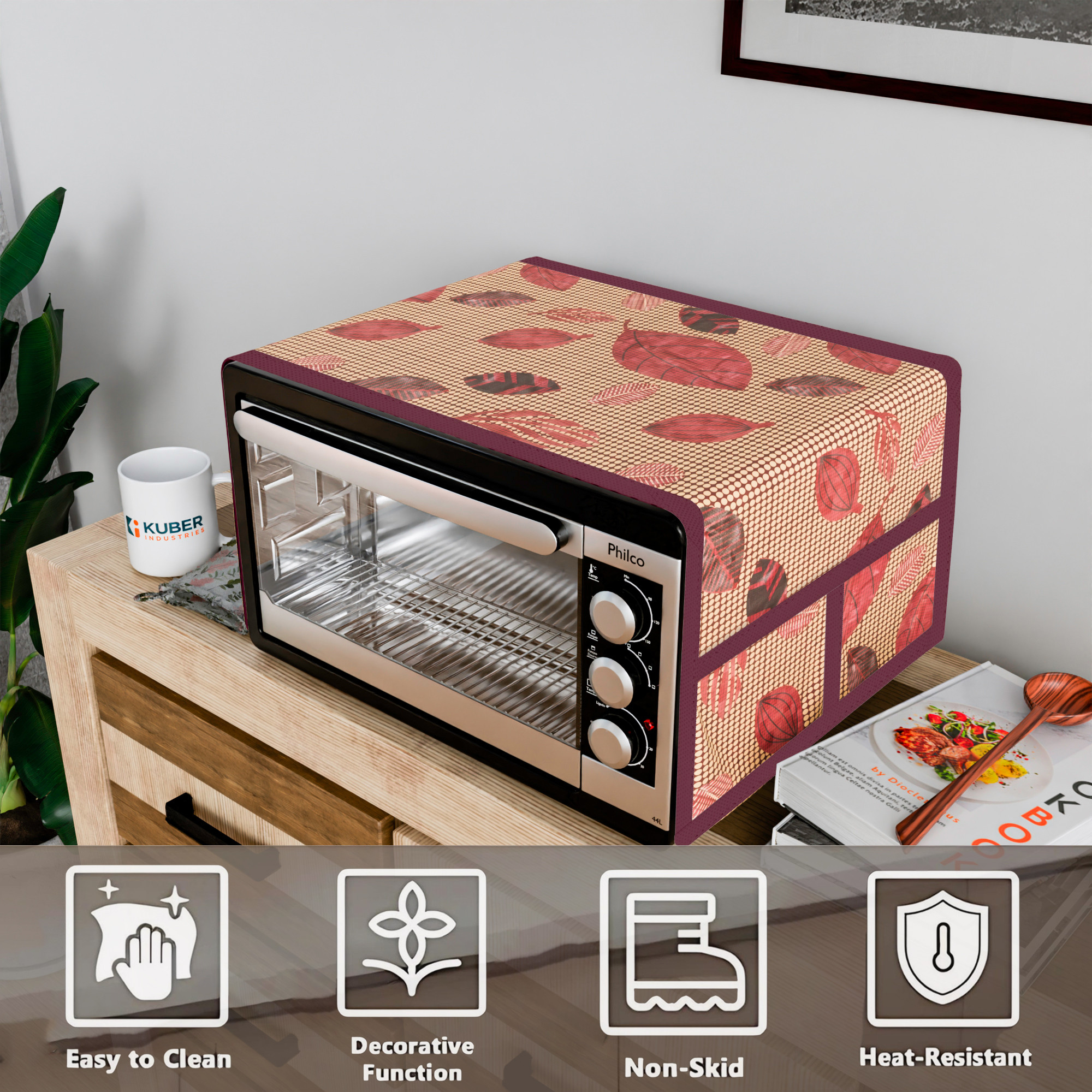 Kuber Industries Top Microwave Cover With 4 Storage Pockets  Otg Oven Accessories for Durable  Dustroof Kitchen Decor  Leaf Red  Black