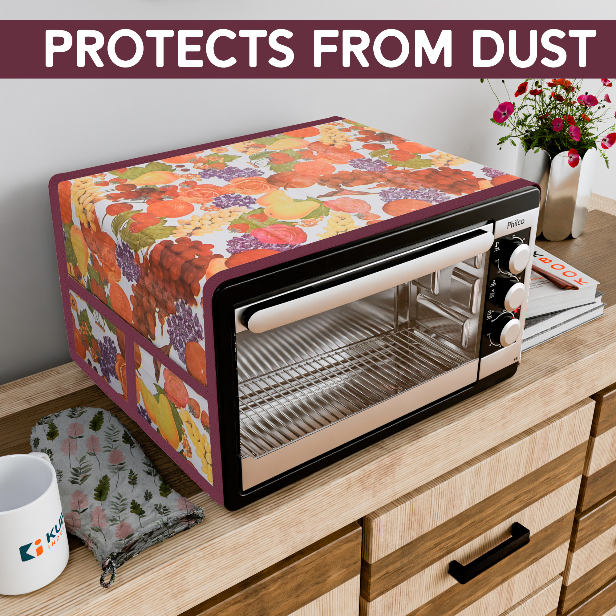 Kuber Industries Top Microwave Cover With 4 Storage Pockets  Otg Oven Accessories for Durable  Dustroof Kitchen Decor  Fruits Print - Colorful