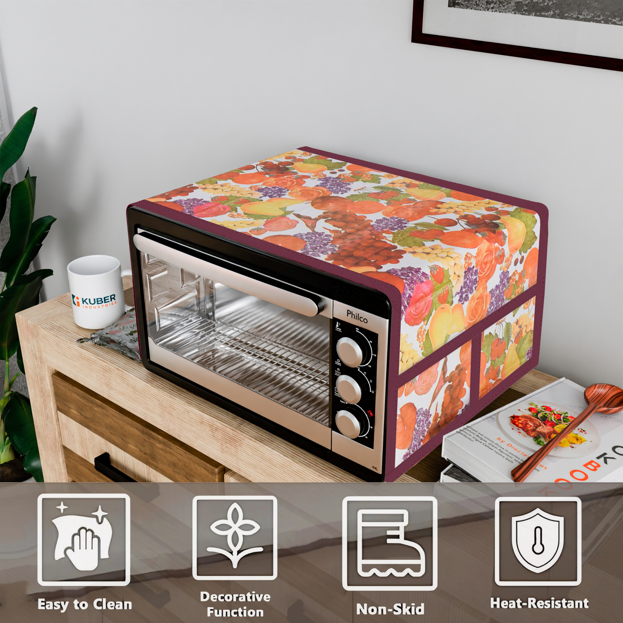 Kuber Industries Top Microwave Cover With 4 Storage Pockets  Otg Oven Accessories for Durable  Dustroof Kitchen Decor  Fruits Print - Colorful