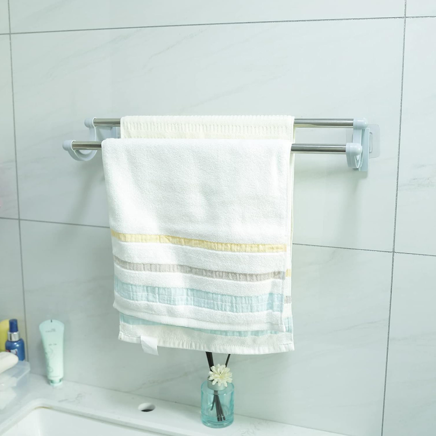 Kuber Industries Towel Hanger for Bathroom|Wall Mounted Cloth Hanger|Multipurpose Cloth & Napkin Holder|Stainless Steel & PP|Self-Adhesive DIY Installation|Bathroom & Kitchen Organizer|FJ-07|Grey