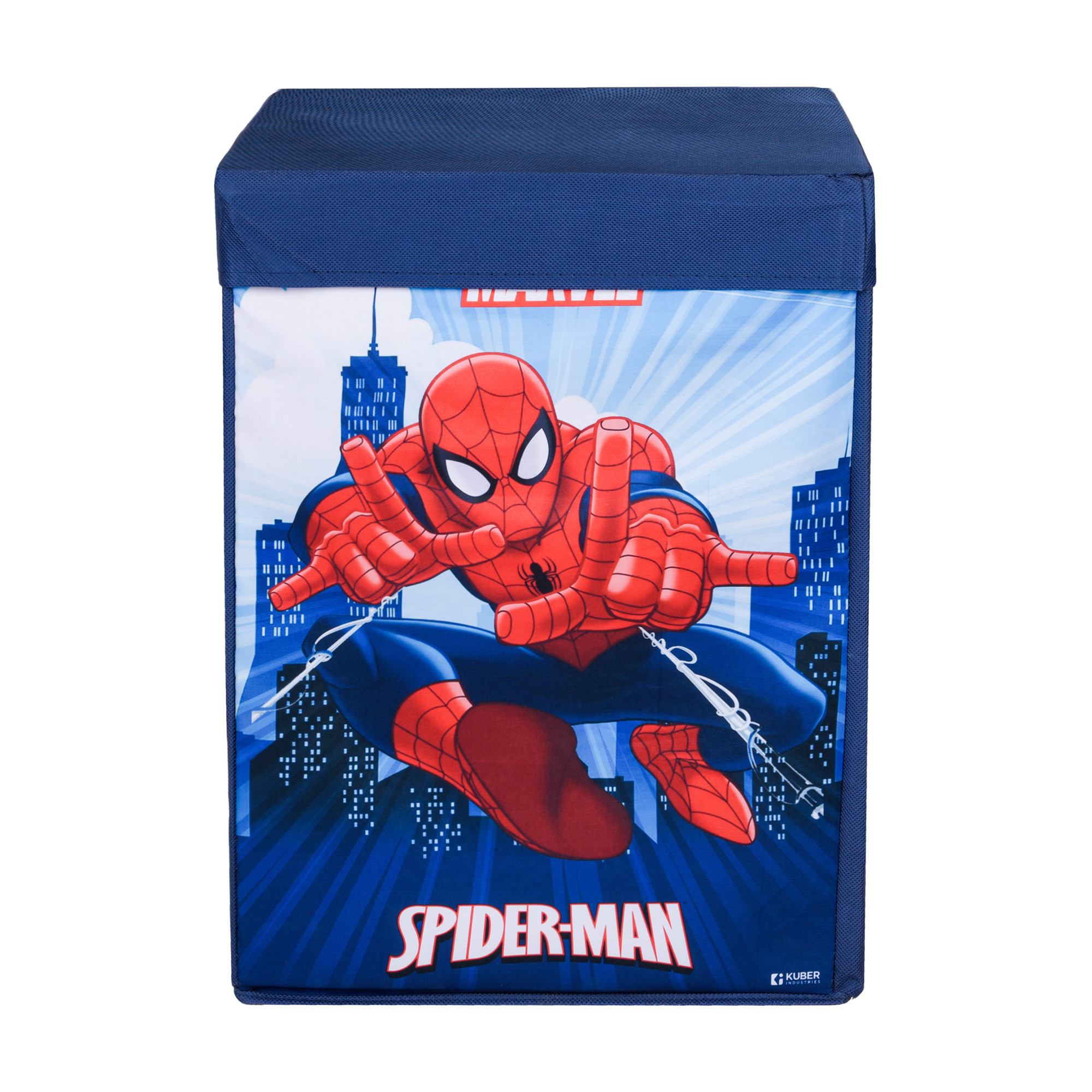 Kuber Industries Toy Storage Box | Laundry Basket for Toys | Folding Laundry Basket | Clothes Hamper with Lid & Handles | Storage Basket for Bathroom | Marvel Spiderman | 60 LTR | Navy Blue