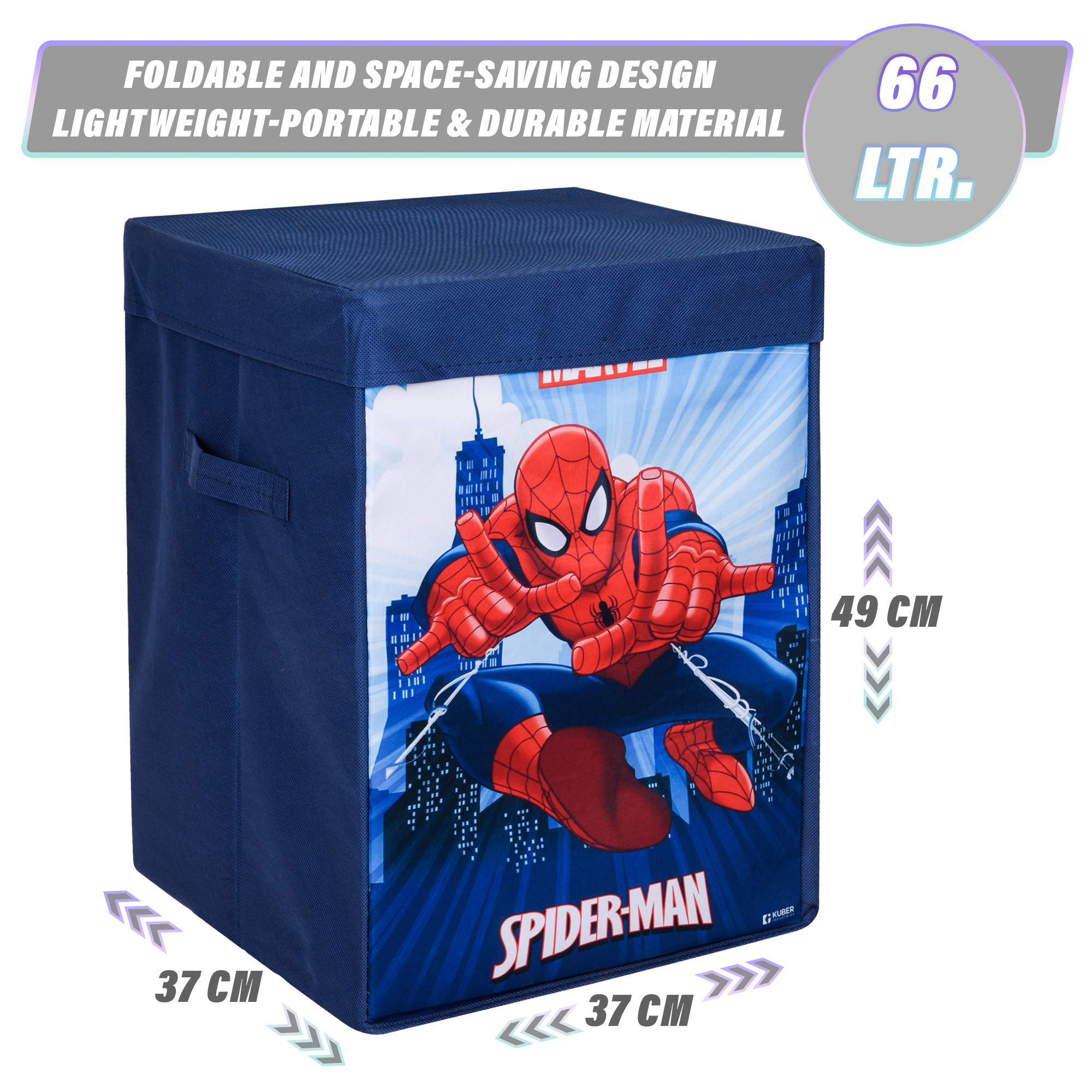 Kuber Industries Toy Storage Box | Laundry Basket for Toys | Folding Laundry Basket | Clothes Hamper with Lid & Handles | Storage Basket for Bathroom | Marvel Spiderman | 60 LTR | Navy Blue