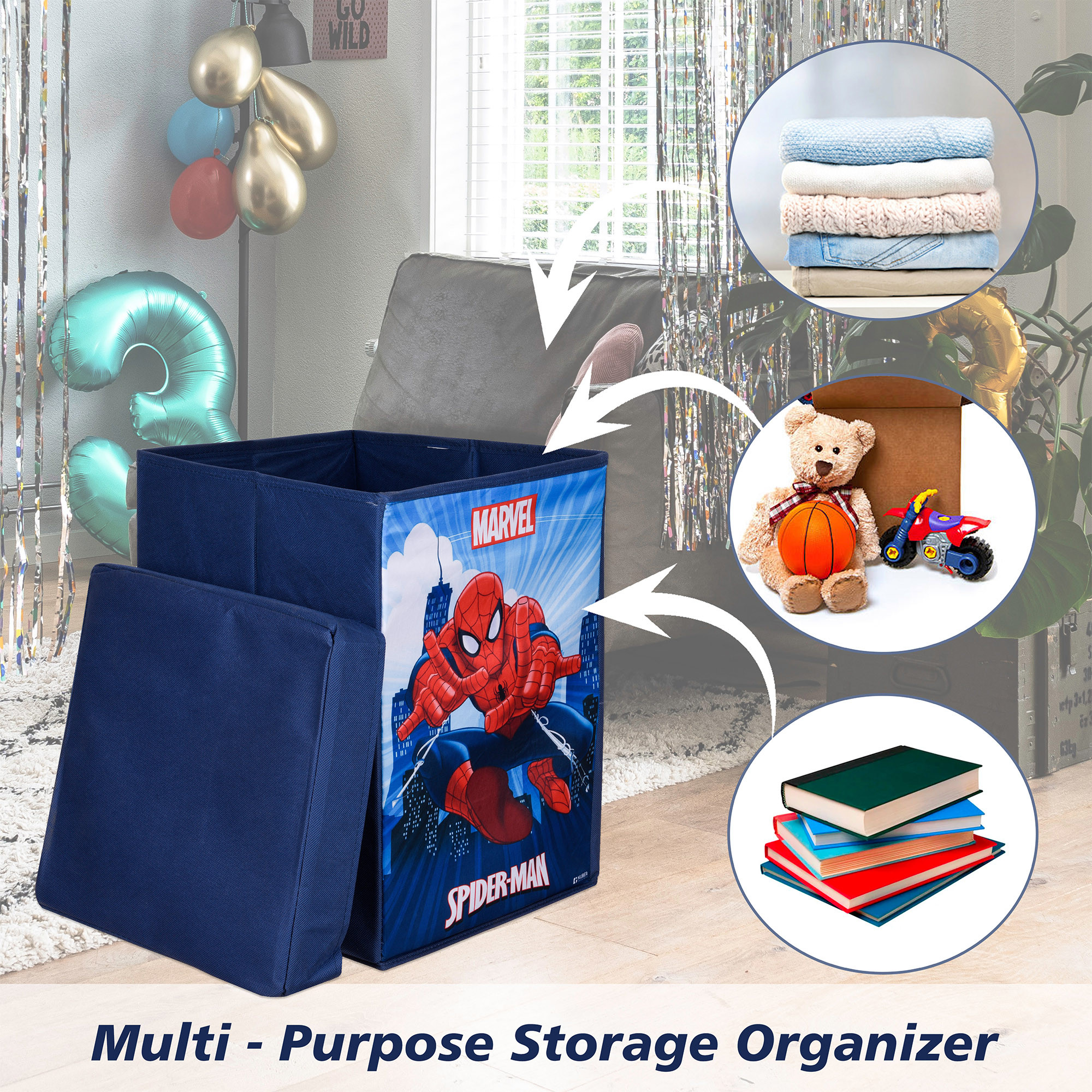 Kuber Industries Toy Storage Box | Laundry Basket for Toys | Folding Laundry Basket | Clothes Hamper with Lid & Handles | Storage Basket for Bathroom | Marvel Spiderman | 60 LTR | Navy Blue