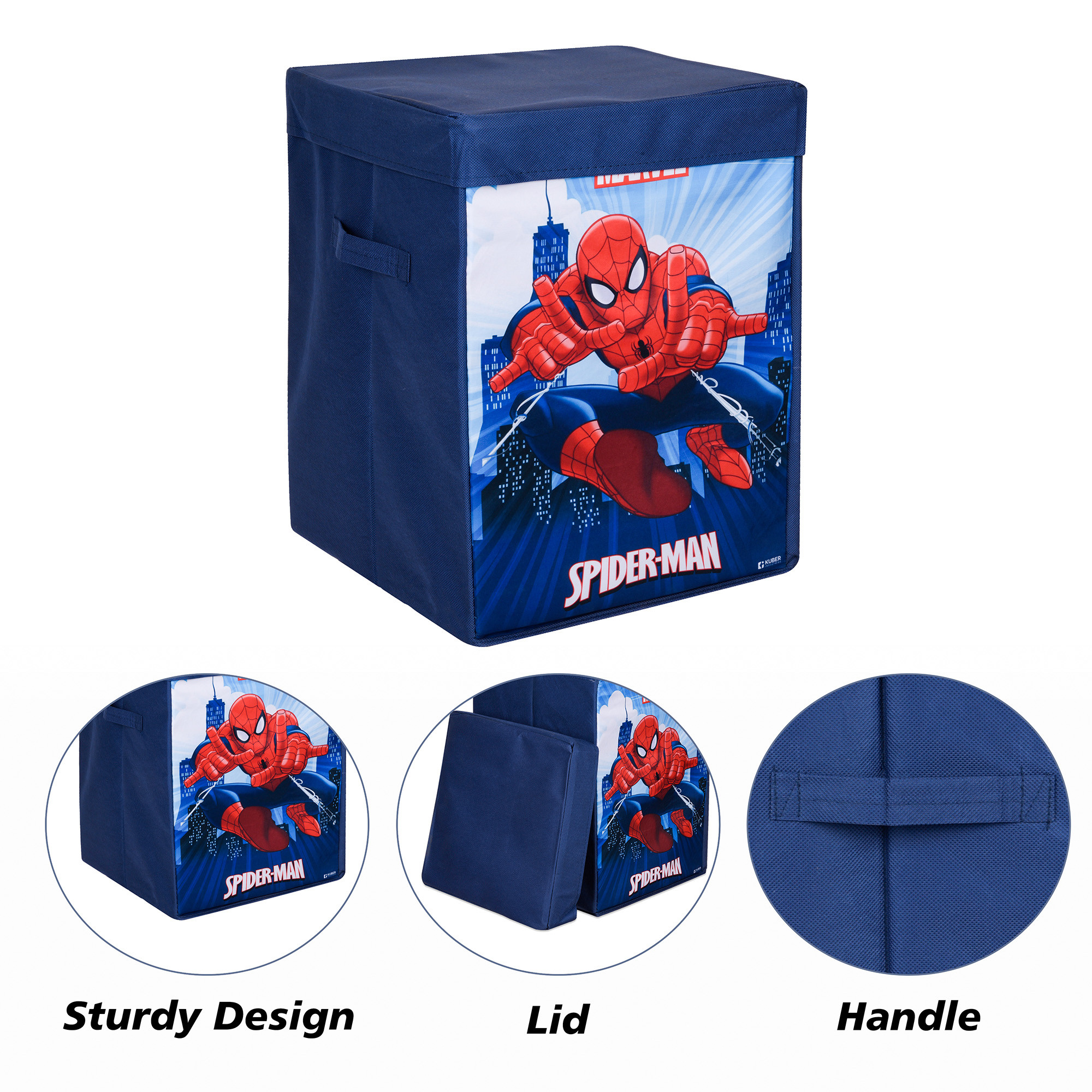 Kuber Industries Toy Storage Box | Laundry Basket for Toys | Folding Laundry Basket | Clothes Hamper with Lid & Handles | Storage Basket for Bathroom | Marvel Spiderman | 60 LTR | Navy Blue