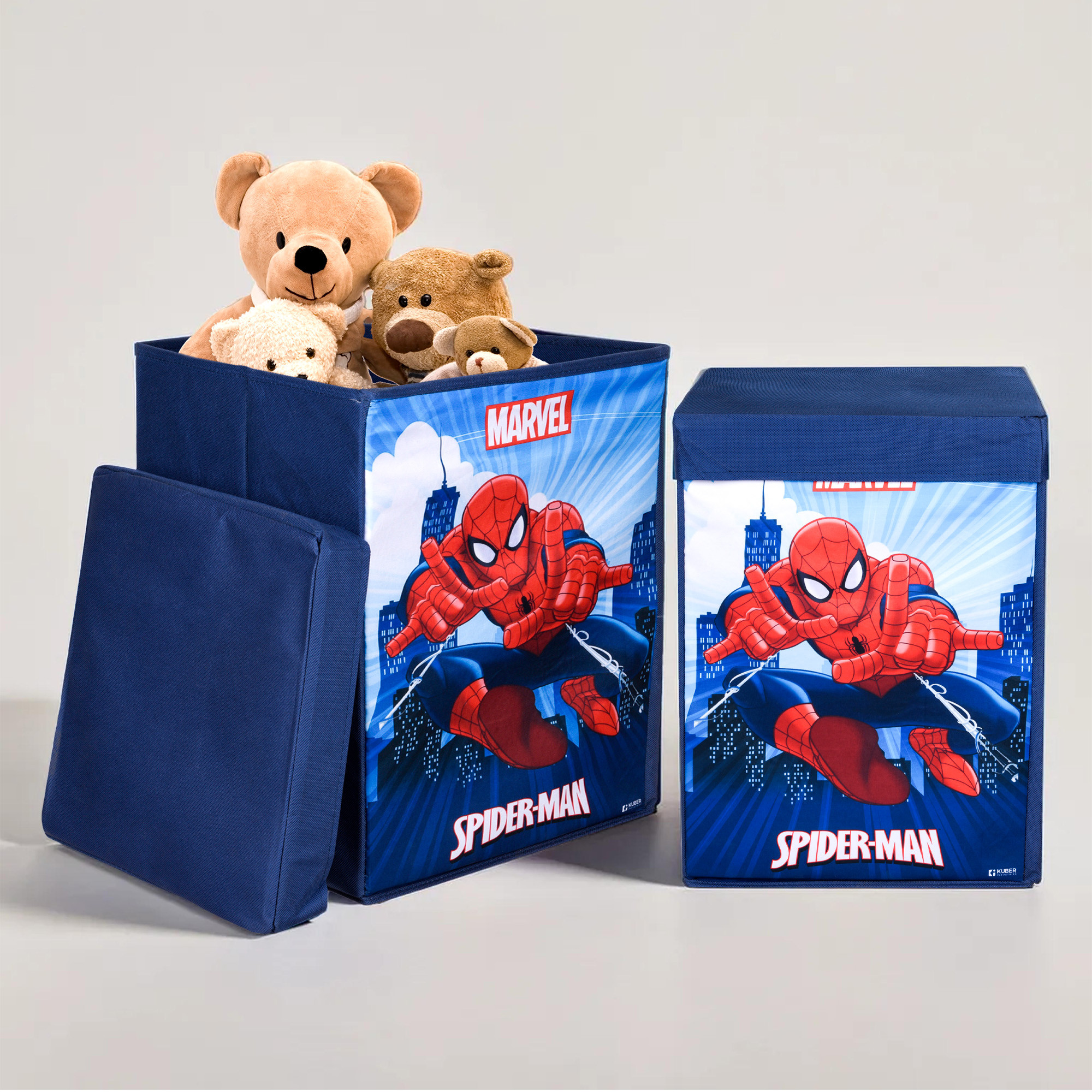 Kuber Industries Toy Storage Box | Laundry Basket for Toys | Folding Laundry Basket | Clothes Hamper with Lid & Handles | Storage Basket for Bathroom | Marvel Spiderman | 60 LTR | Navy Blue